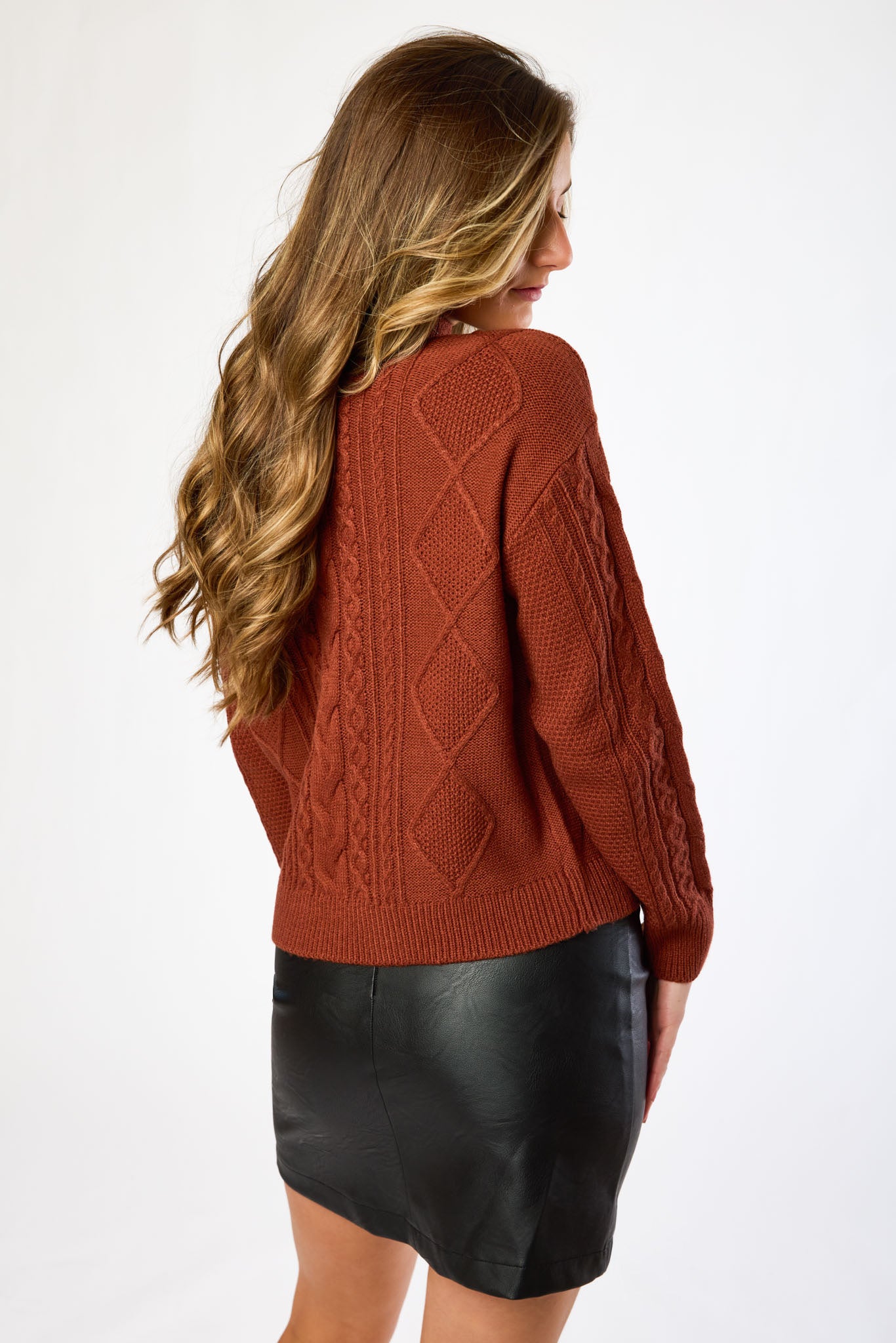 Mock-Neck Long-Sleeve Cable-Knit Sweater