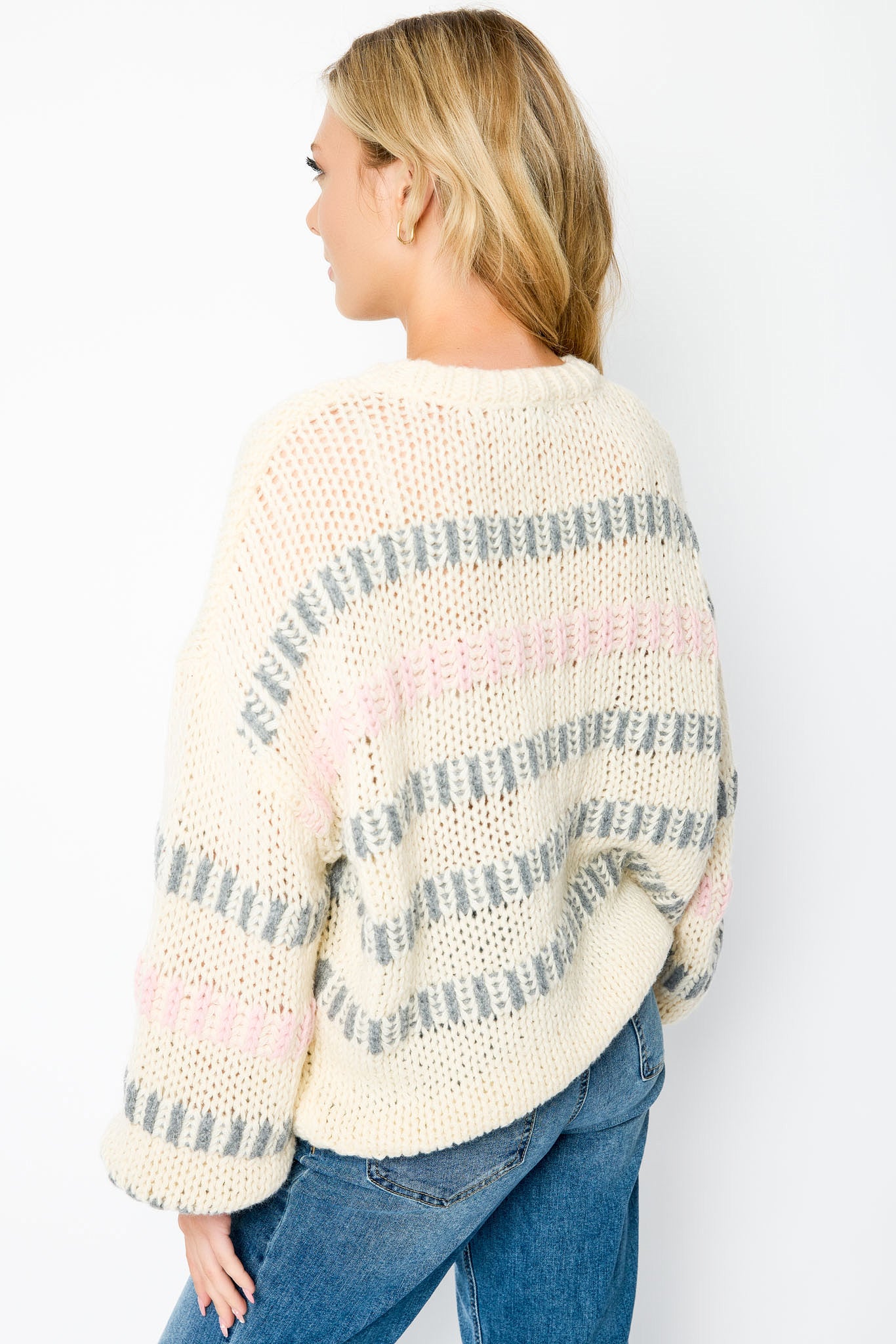 Stripe Crew-Neck Drop-Shoulder Chunky Knit Sweater