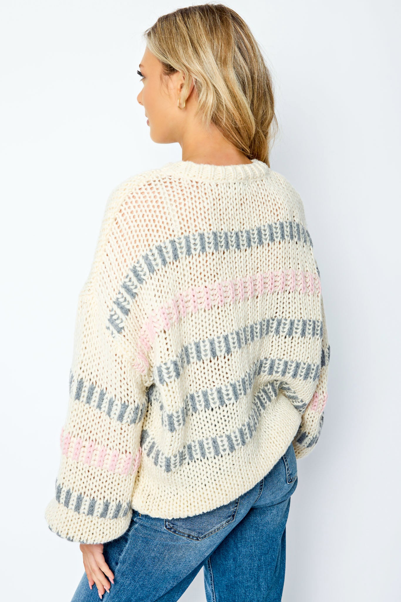 Stripe Crew-Neck Drop-Shoulder Chunky Knit Sweater