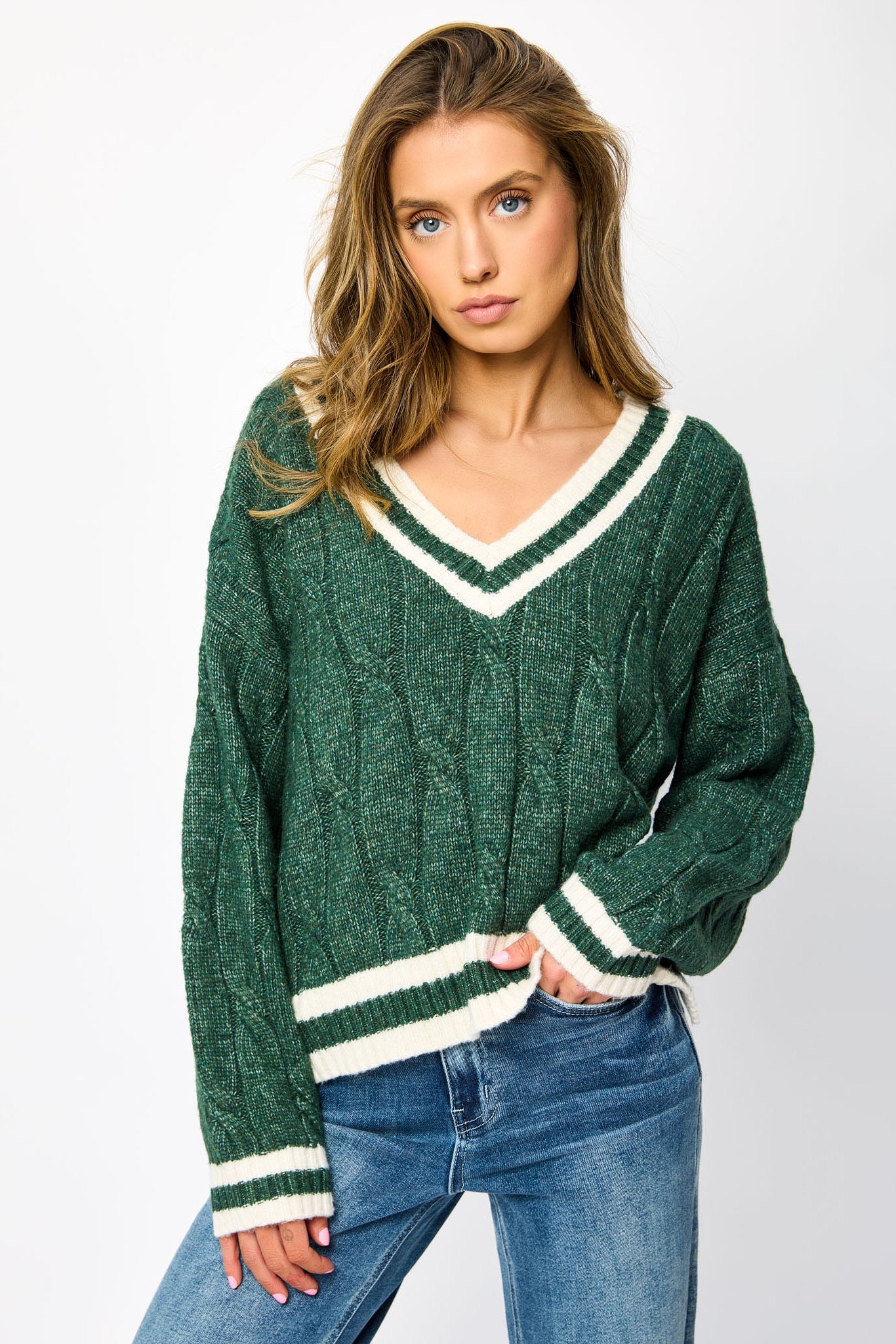 Varsity V-Neck Cable-Knit Sweater