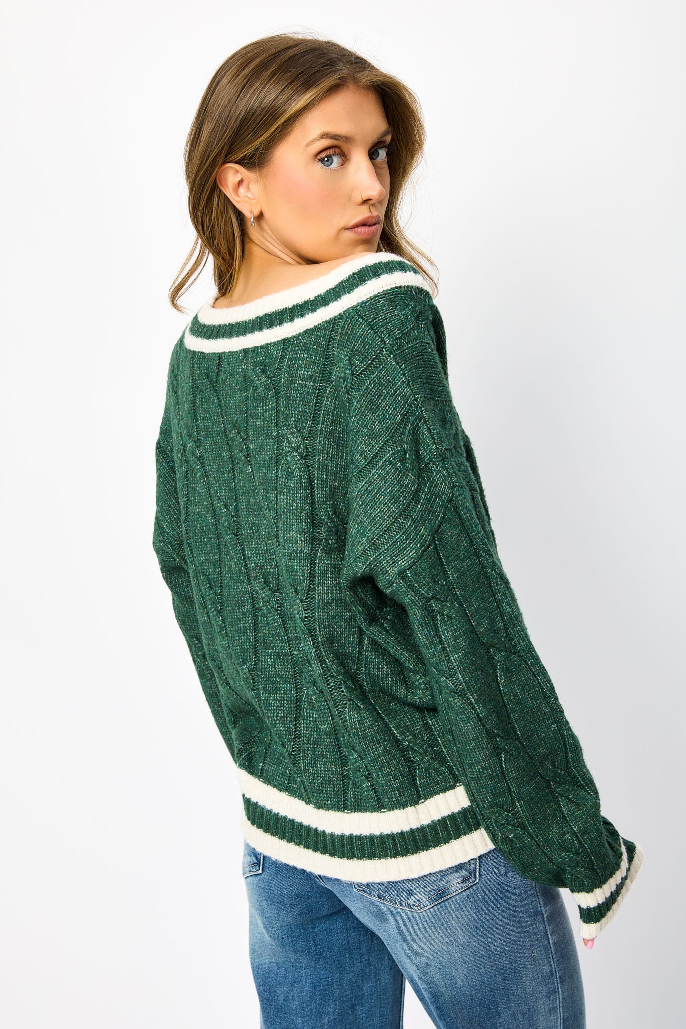 Varsity V-Neck Cable-Knit Sweater