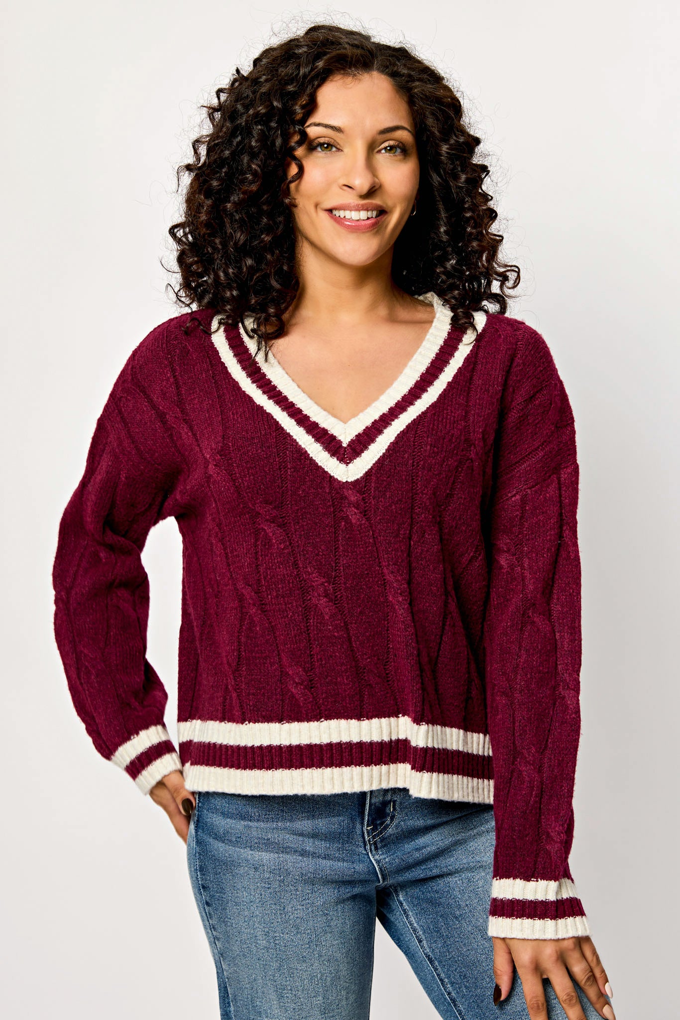 Varsity V-Neck Cable-Knit Sweater