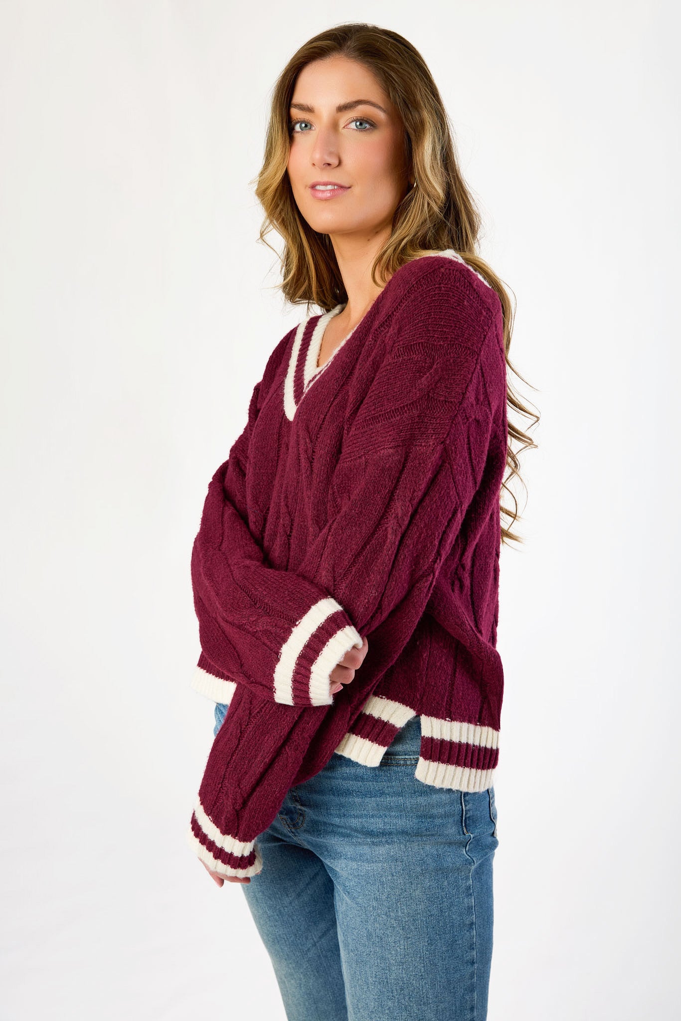 Varsity V-Neck Cable-Knit Sweater