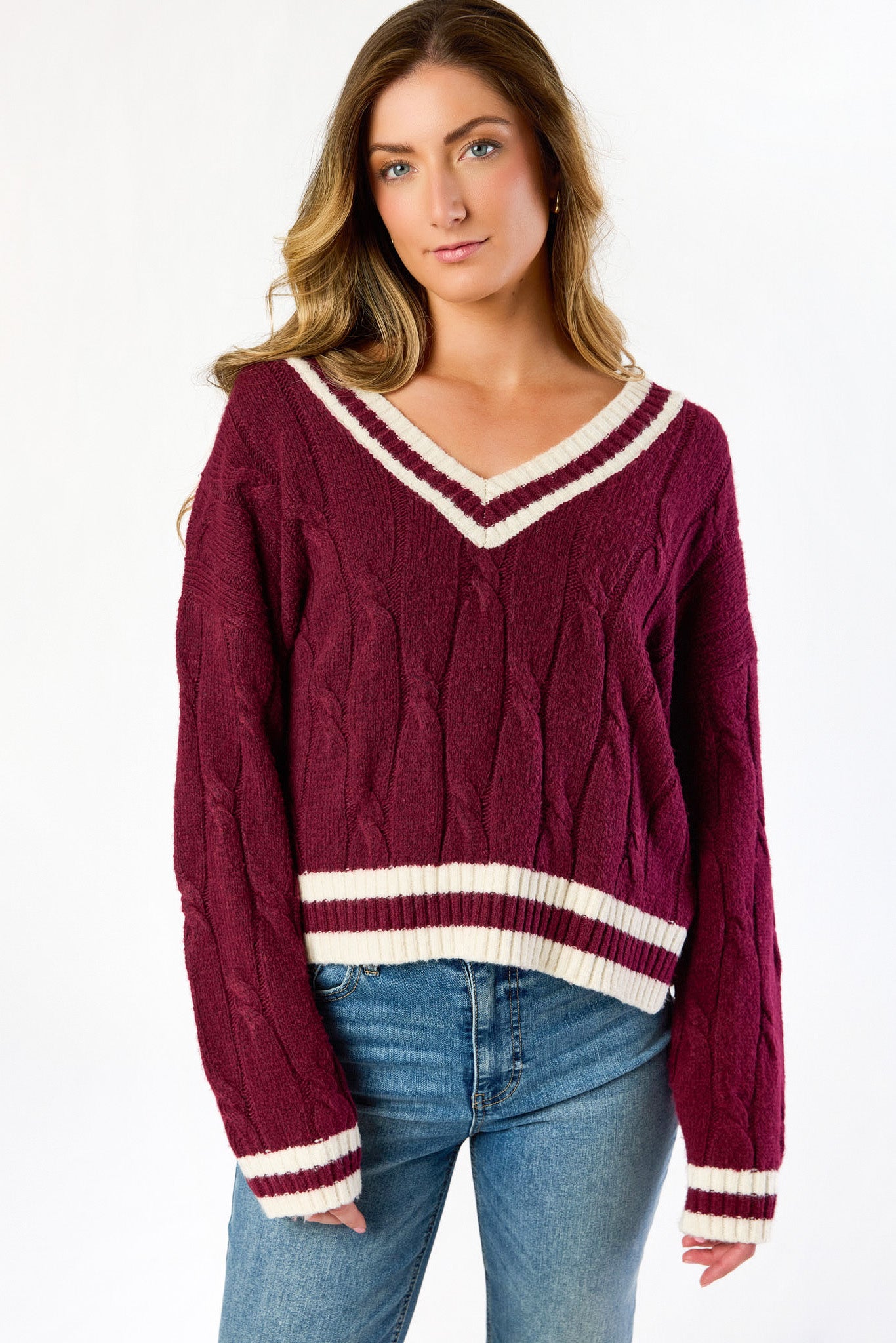 Varsity V-Neck Cable-Knit Sweater