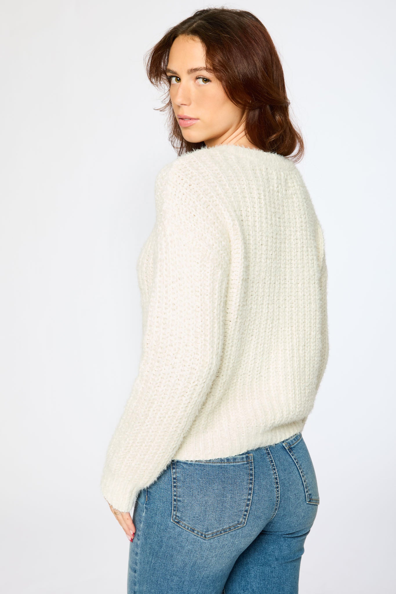 Matte Chenille Crew-Neck Cable Knit Sweater