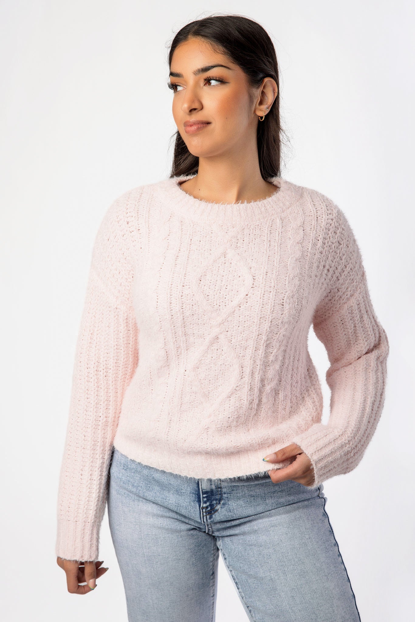 Matte Chenille Crew-Neck Cable Knit Sweater