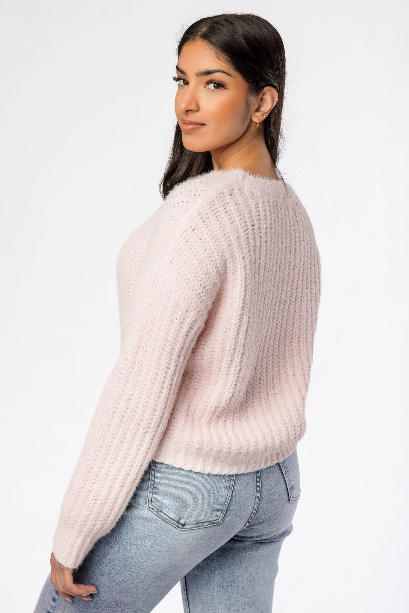 Matte Chenille Crew-Neck Cable Knit Sweater