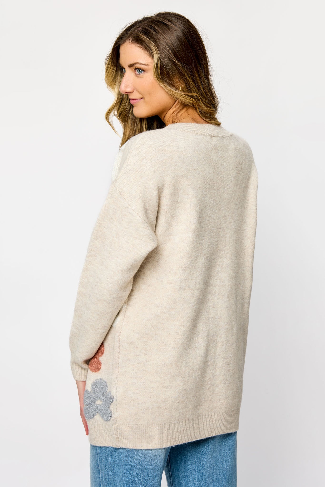 Long-Sleeve Open Cardigan with Puff Flowers
