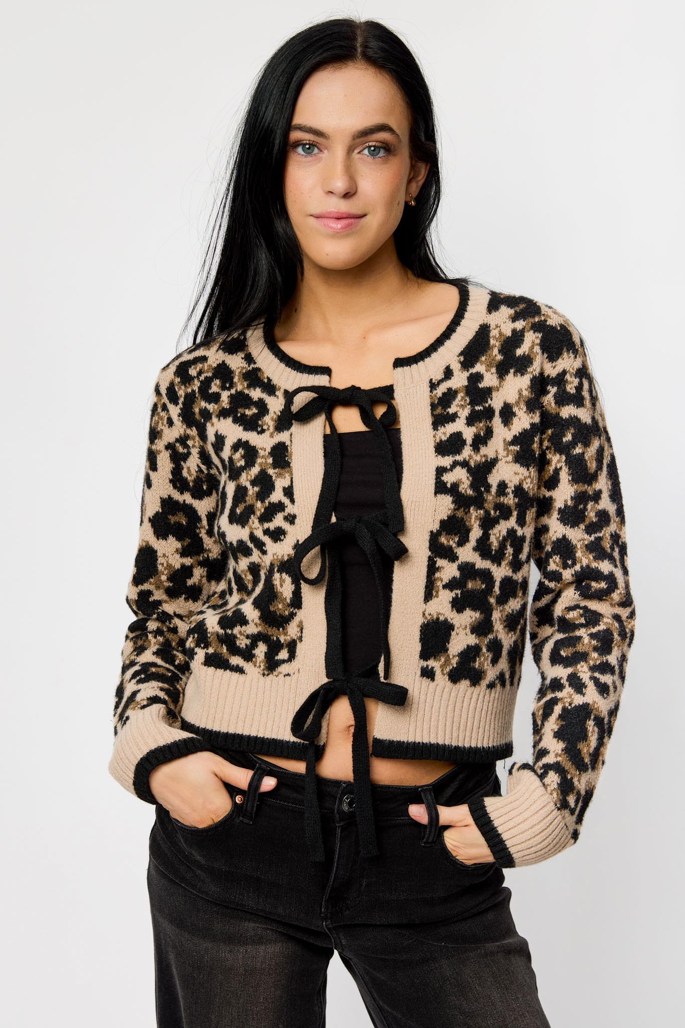 Animal Print Crew-Neck Long-Sleeve Tie-Front Cardigan