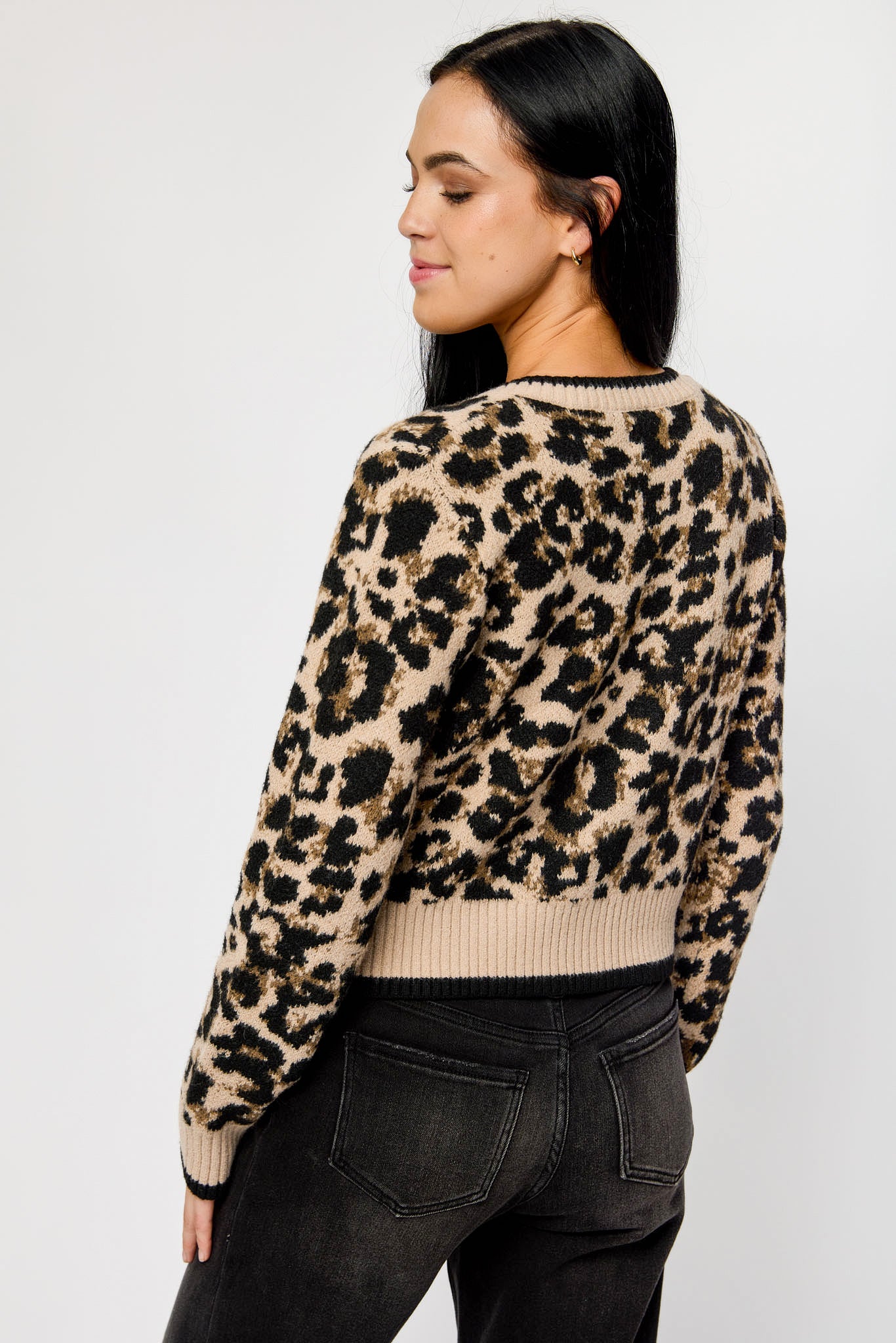Animal Print Crew-Neck Long-Sleeve Tie-Front Cardigan