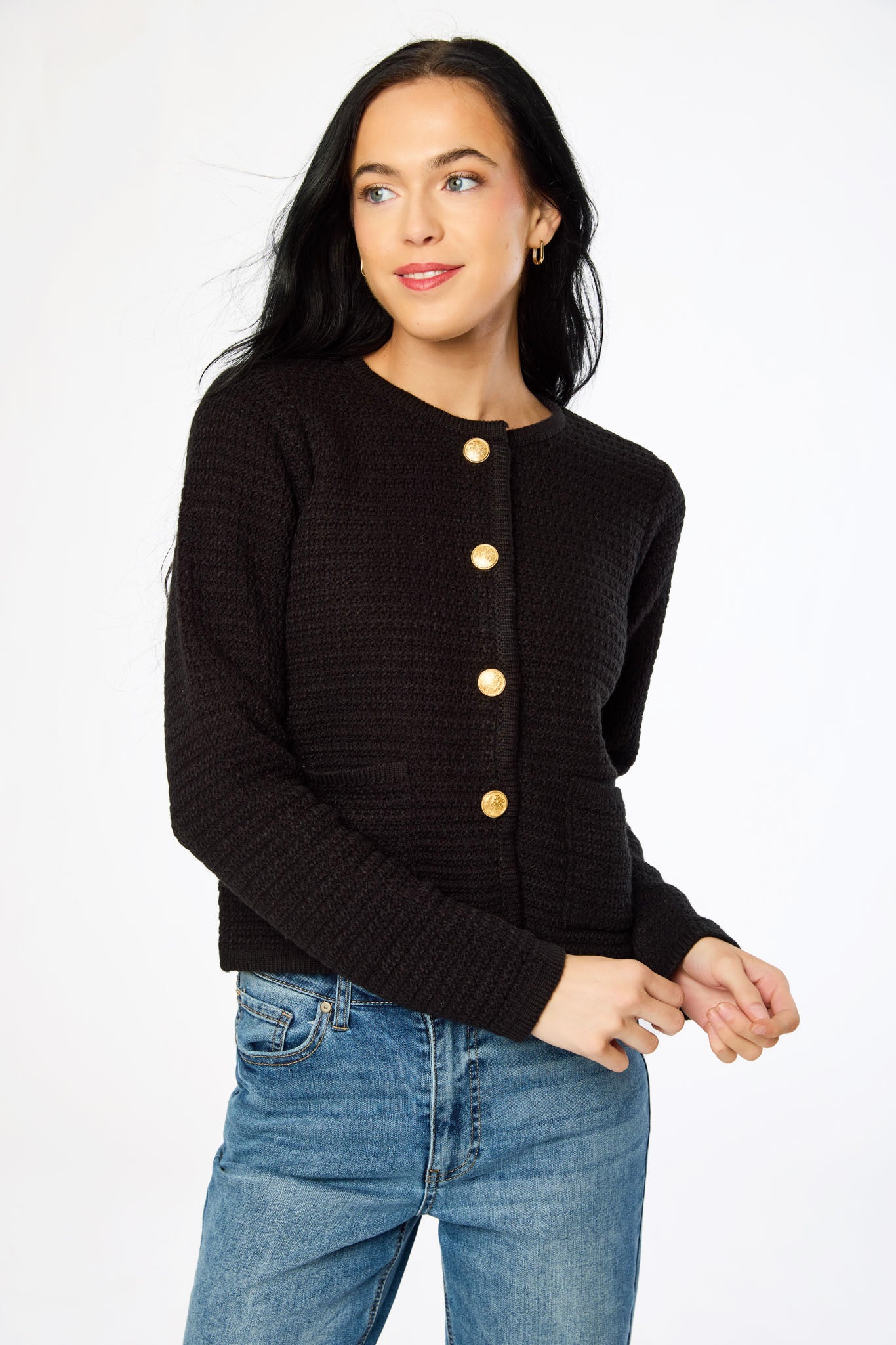 Cardigan côtelé à col rond avec boutons dorés