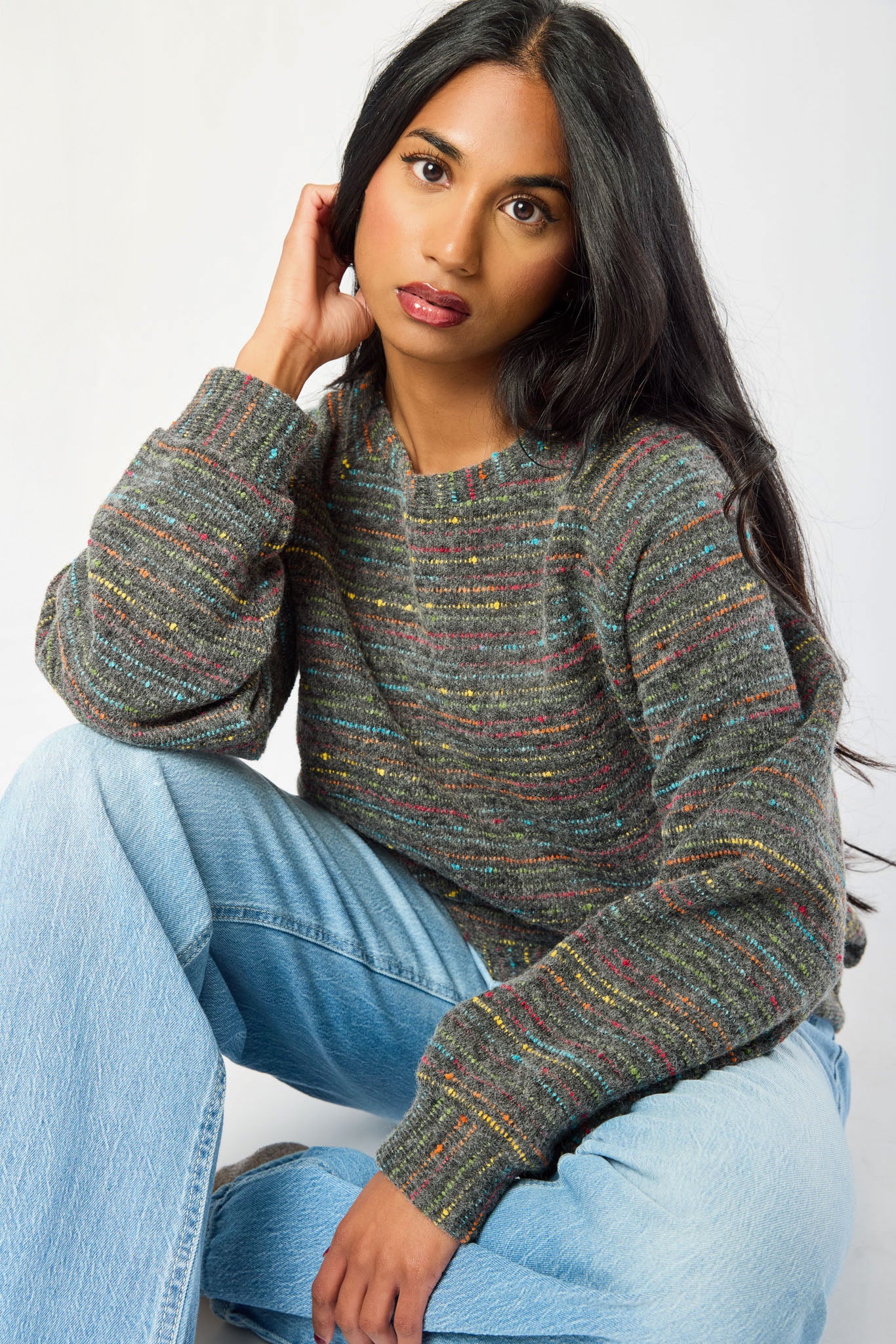 Rainbow Yarn Balloon-Sleeve Sweater