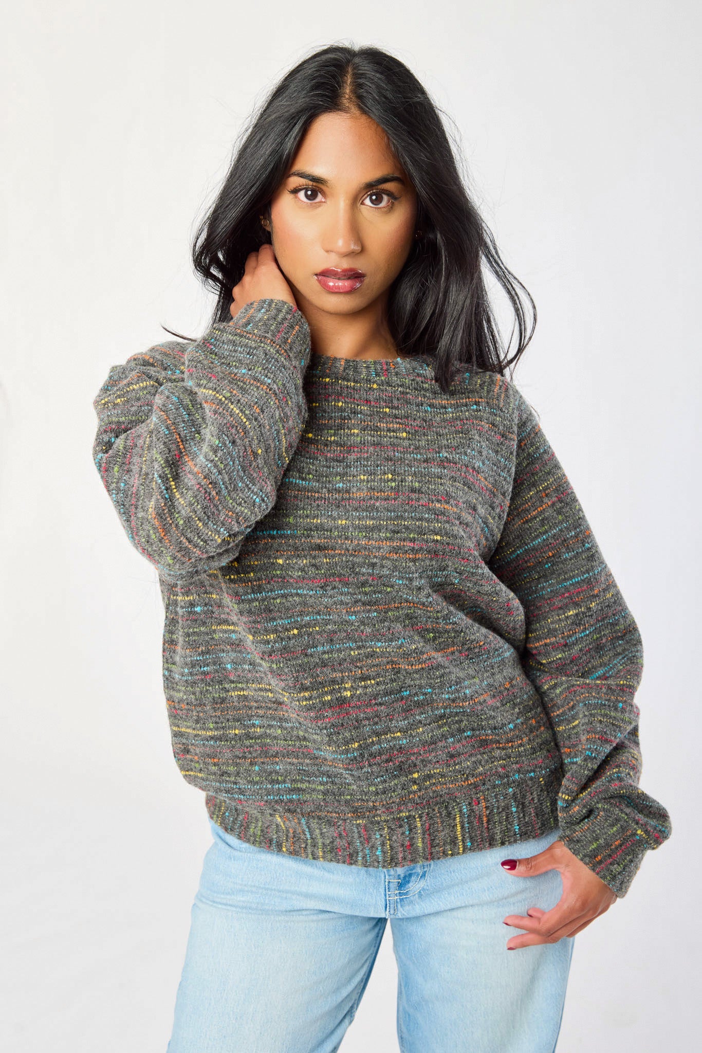 Rainbow Yarn Balloon-Sleeve Sweater