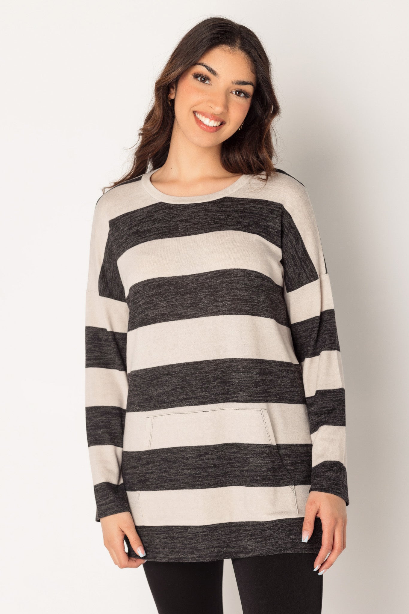 Stripe Long Sleeve Tunic with Kangaroo Pocket
