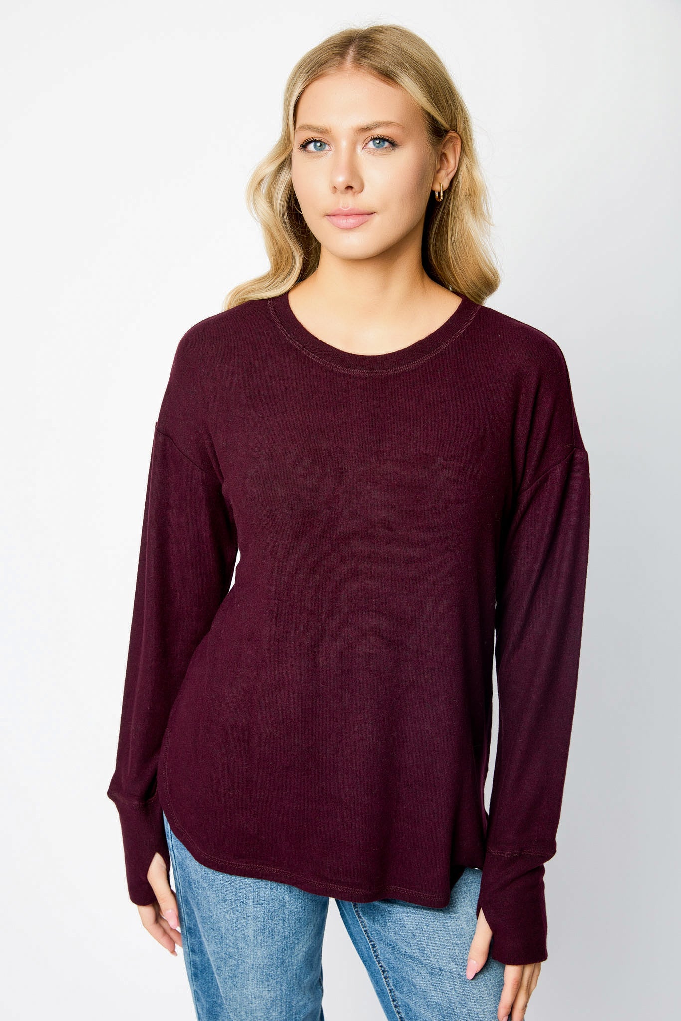 Long Sleeve Crew-Neck Supersoft Sweater with Thumbholes