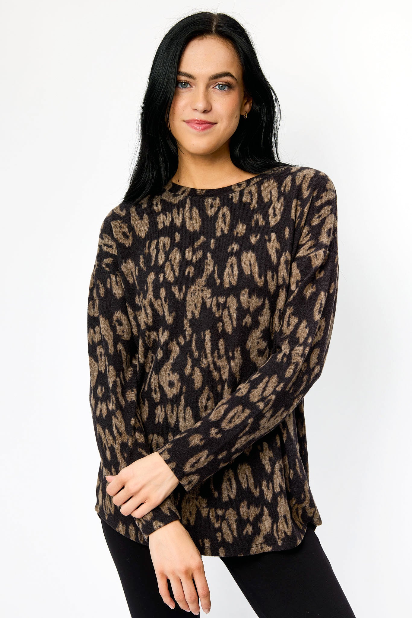 Animal Print Crew-Neck Sweater with High-Low Hem
