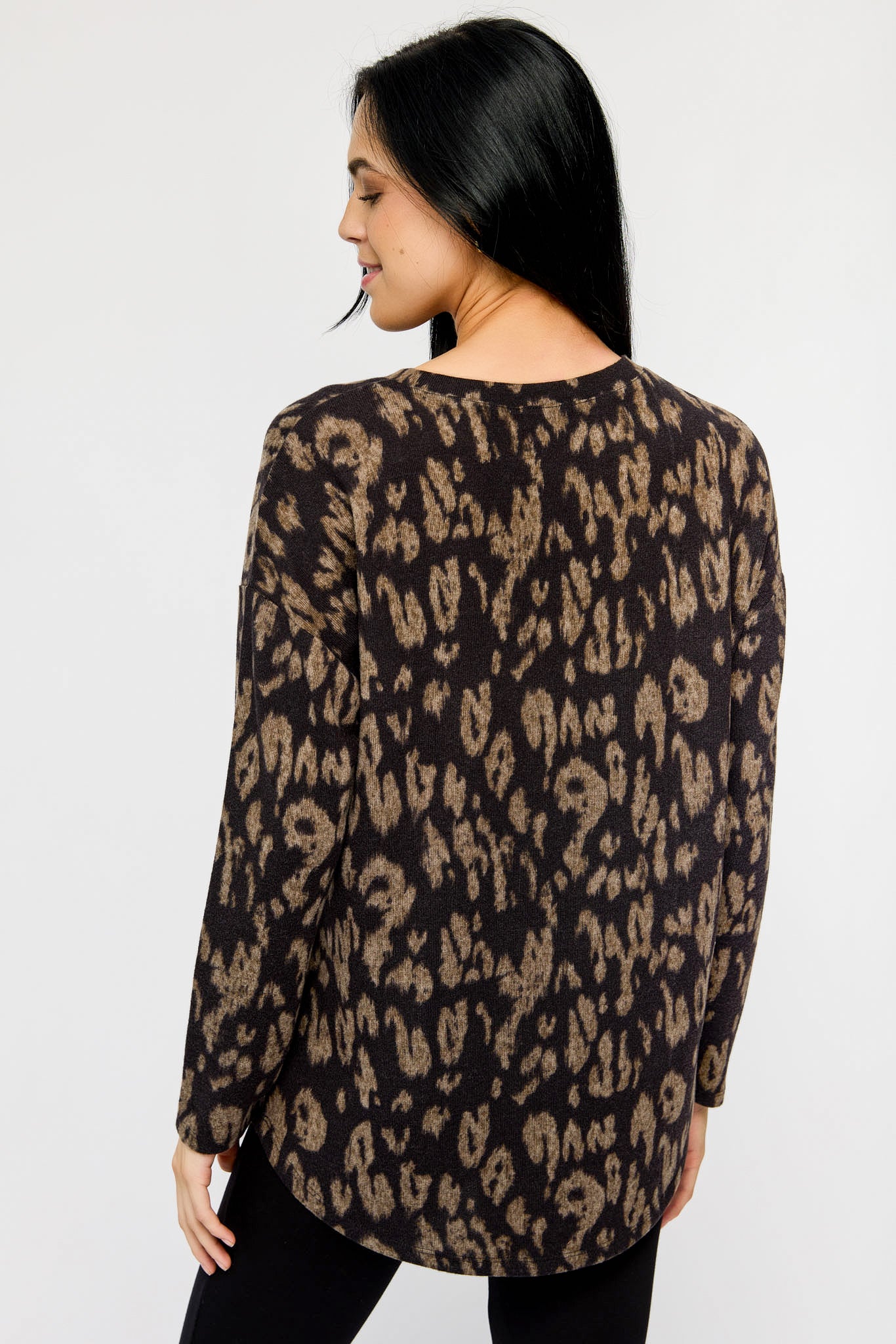 Animal Print Crew-Neck Sweater with High-Low Hem