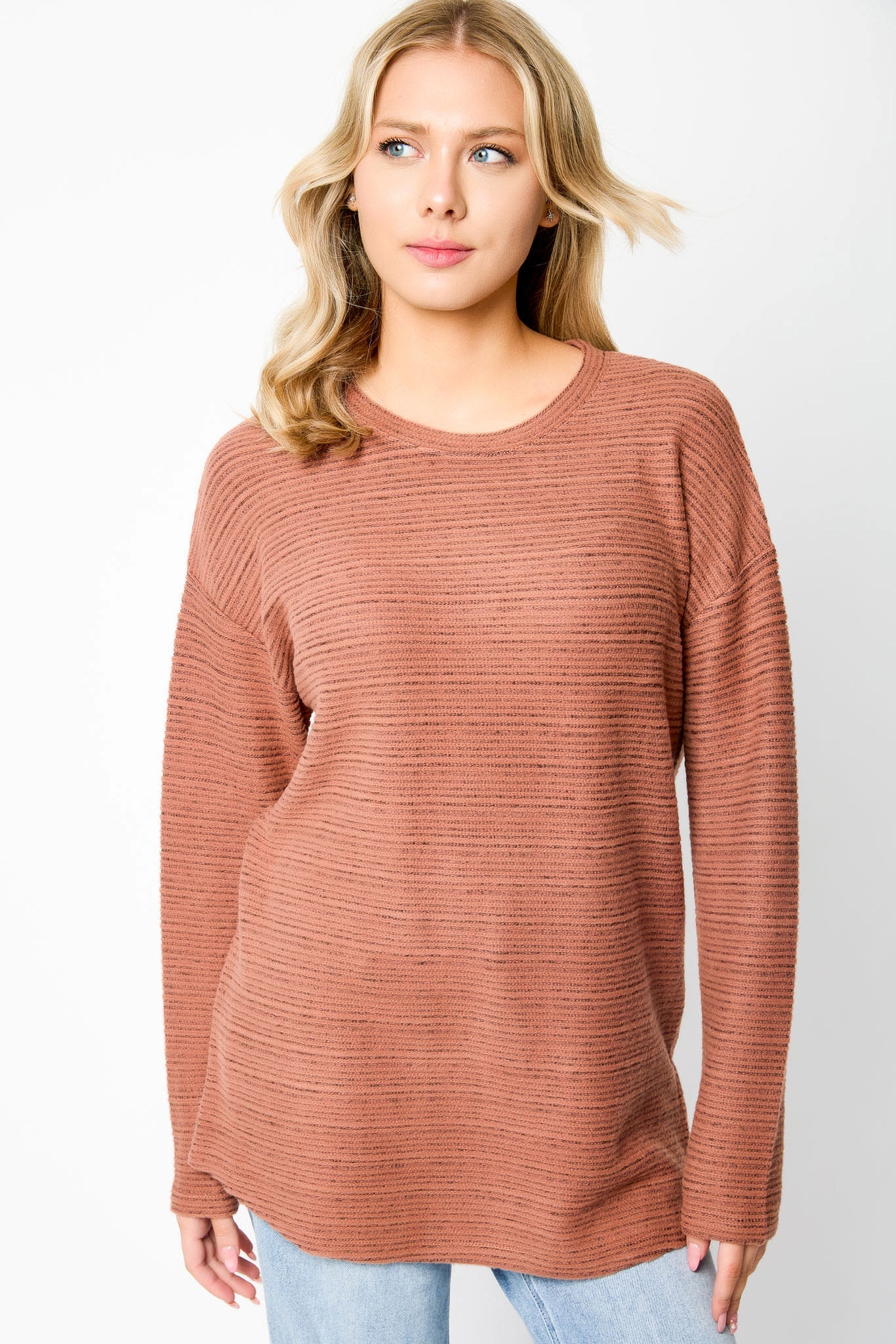 Brushed Stripe Crew-Neck Sweater with High-Low Hem