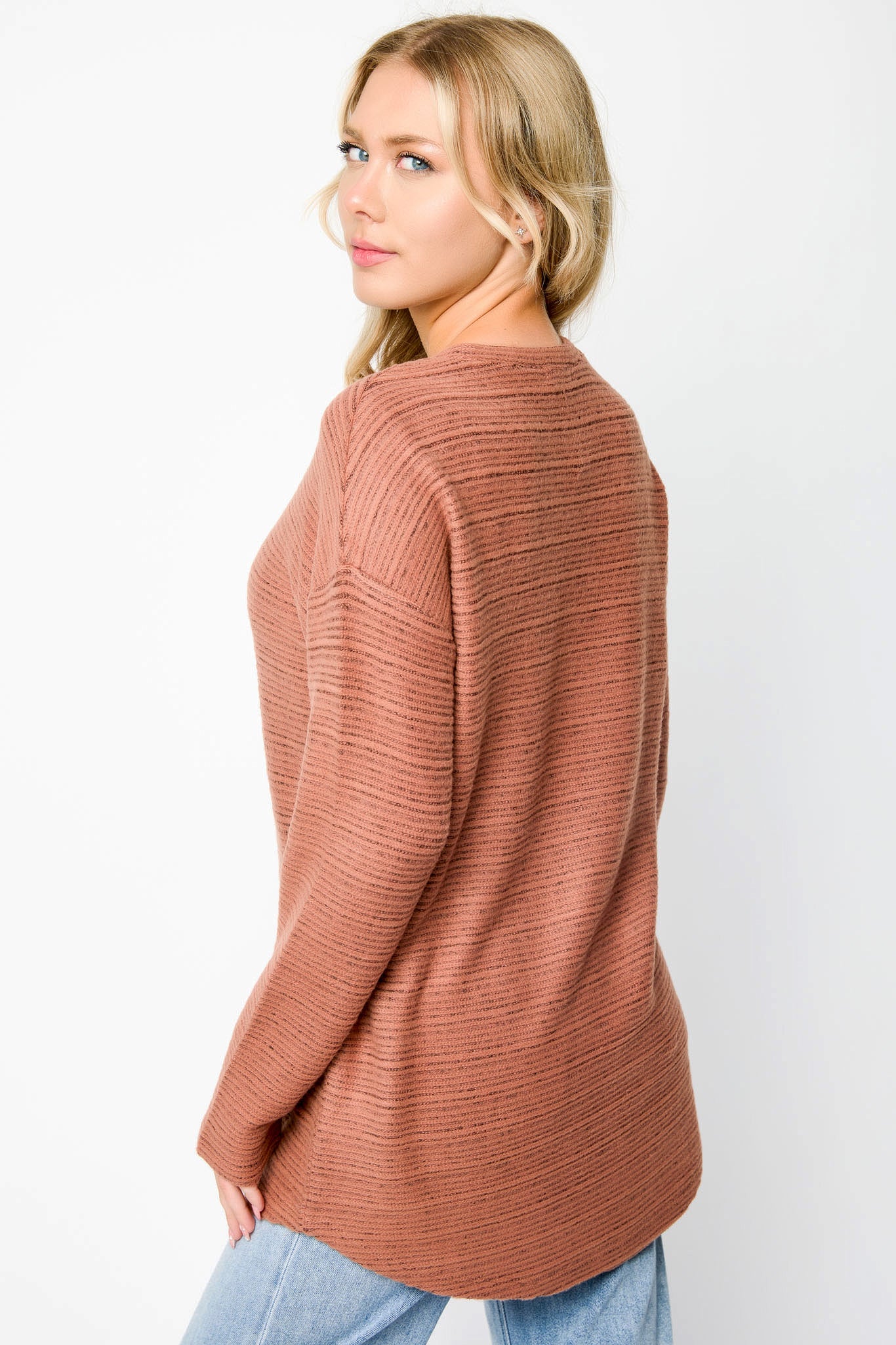 Brushed Stripe Crew-Neck Sweater with High-Low Hem
