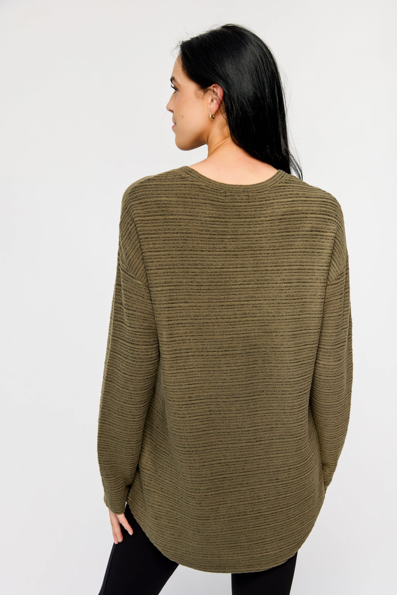 Brushed Stripe Crew-Neck Sweater with High-Low Hem