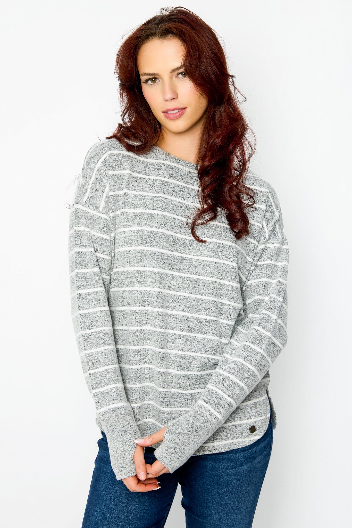 Stripe Crew-Neck Sweater with Shirttail Hem and Thumbholes