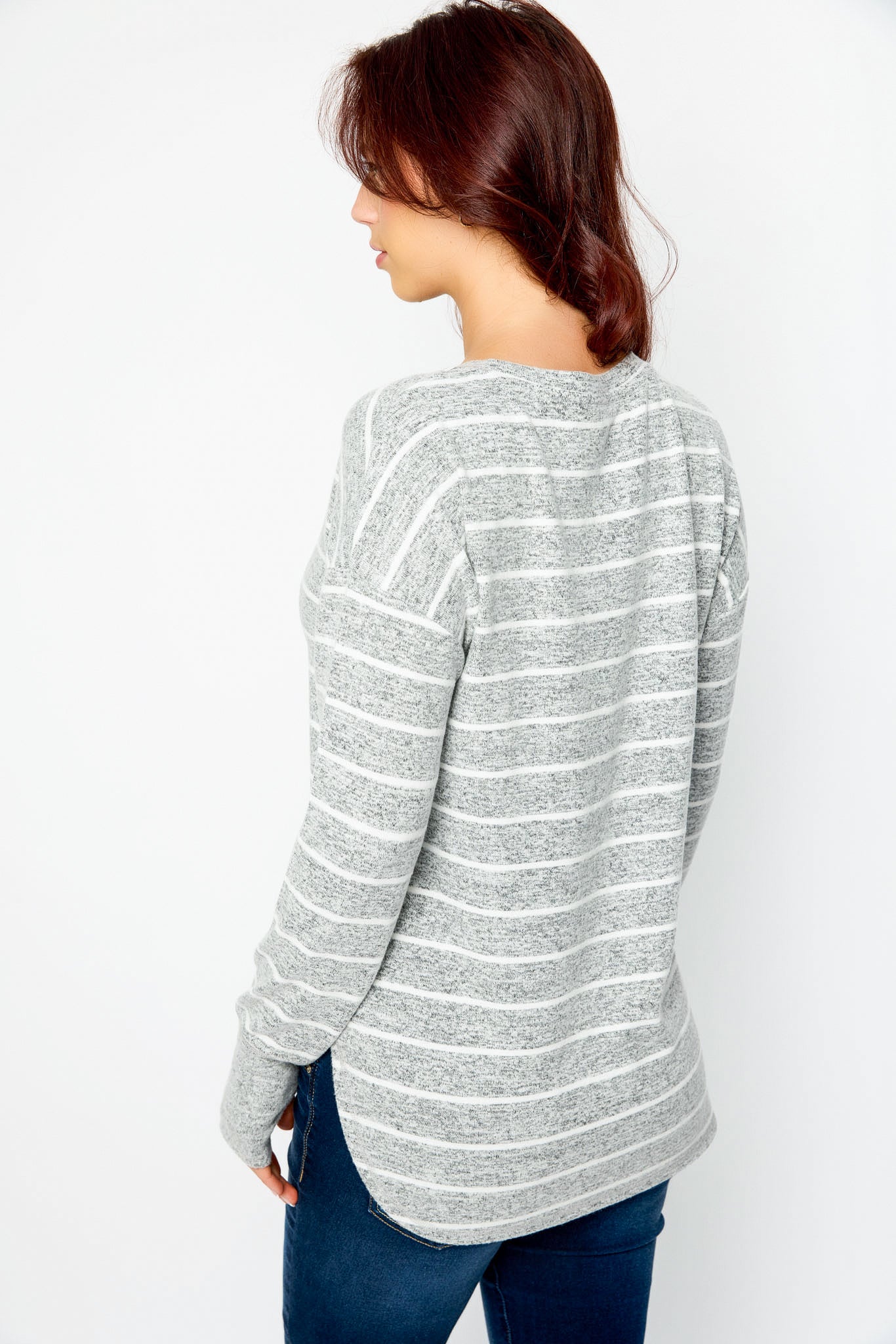 Stripe Crew-Neck Sweater with Shirttail Hem and Thumbholes