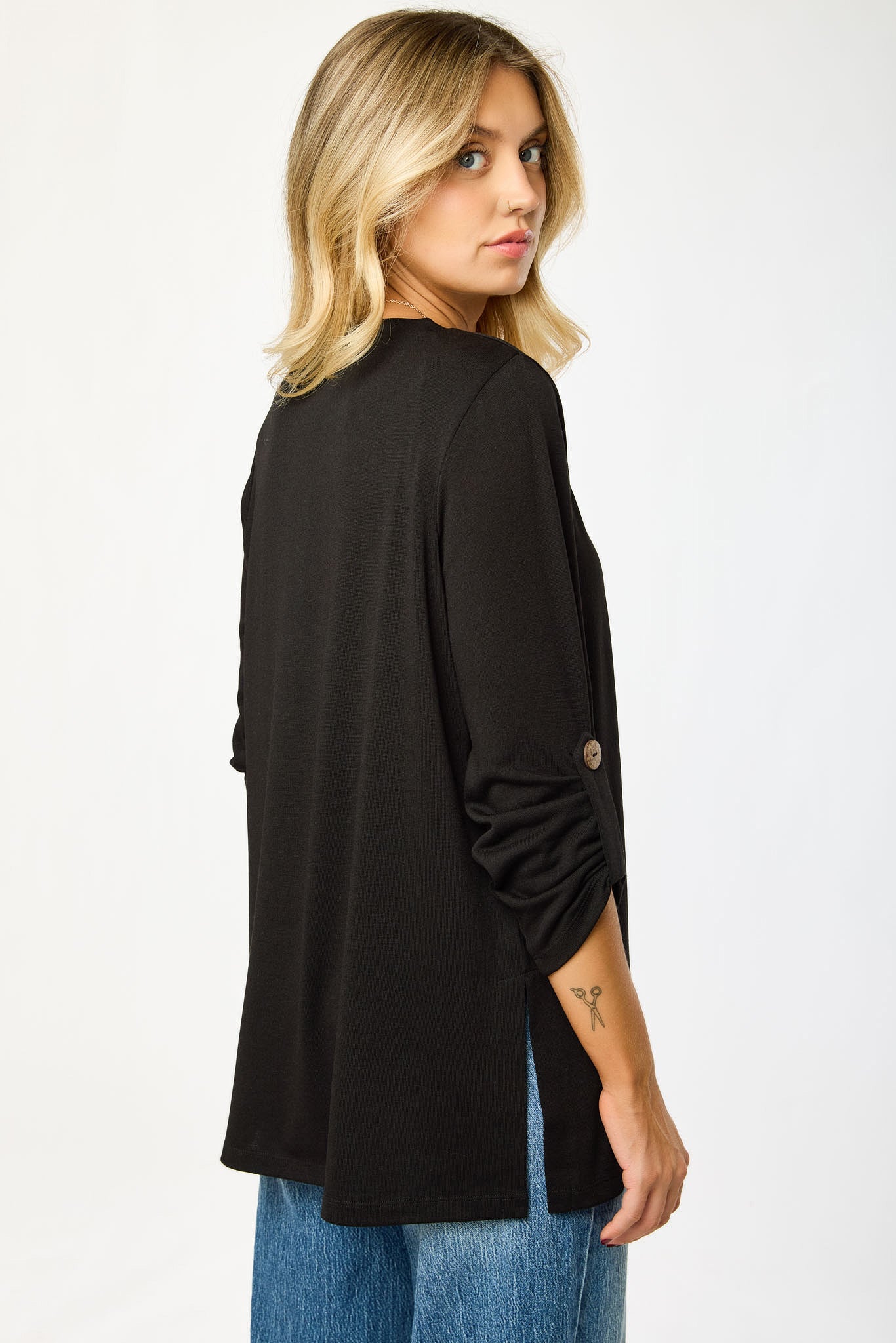 Hacci Open Cardigan with Roll-Up Sleeves and Side Slits – Eclipse