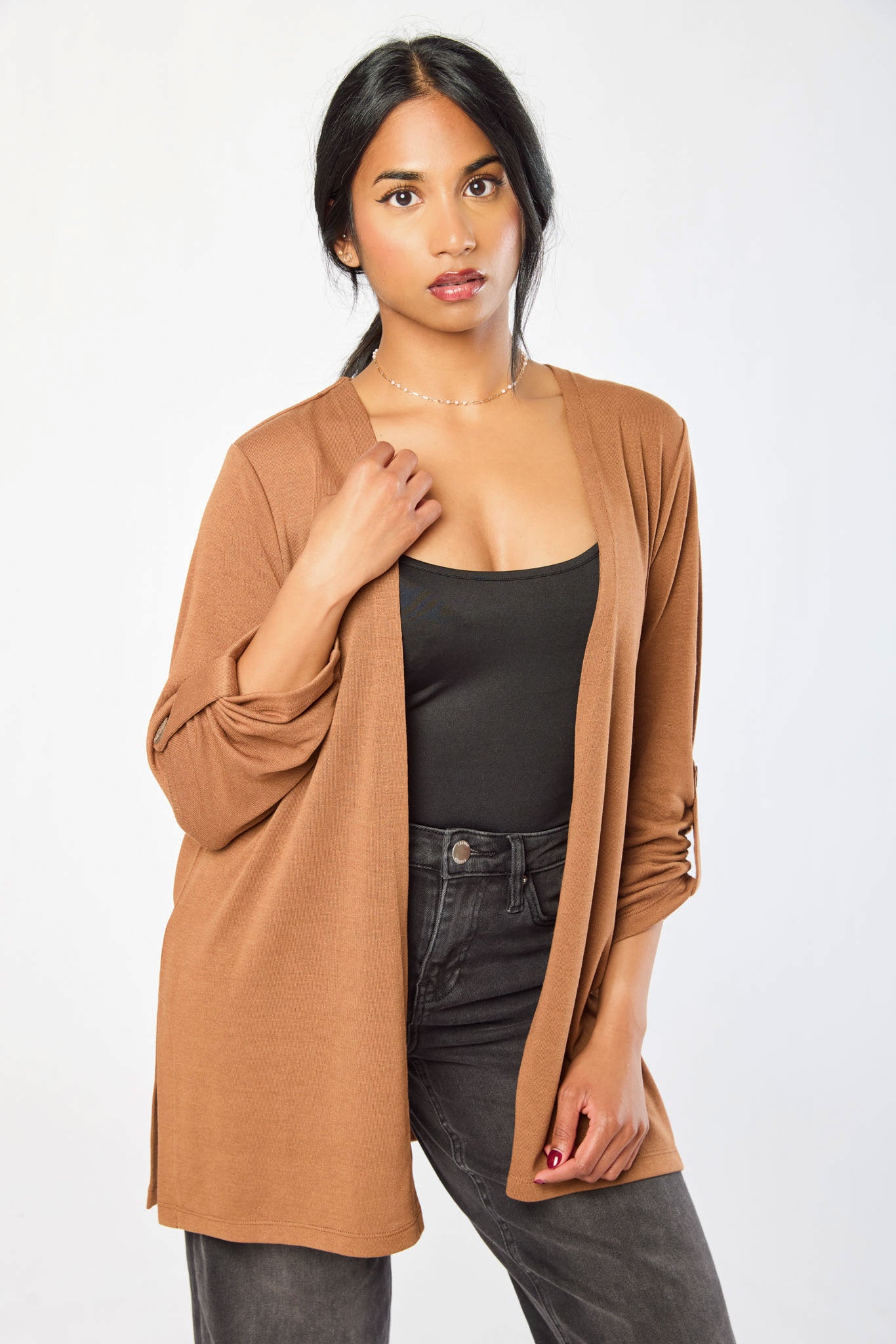 Hacci Open Cardigan with Roll-Up Sleeves and Side Slits – Eclipse