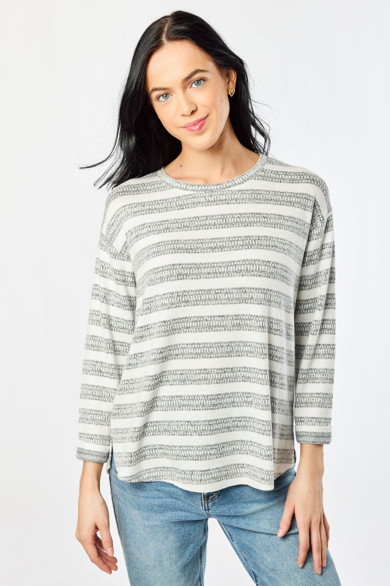 Stripe Crew-Neck 3/4 Sleeve Hacci Sweater with Side Slits