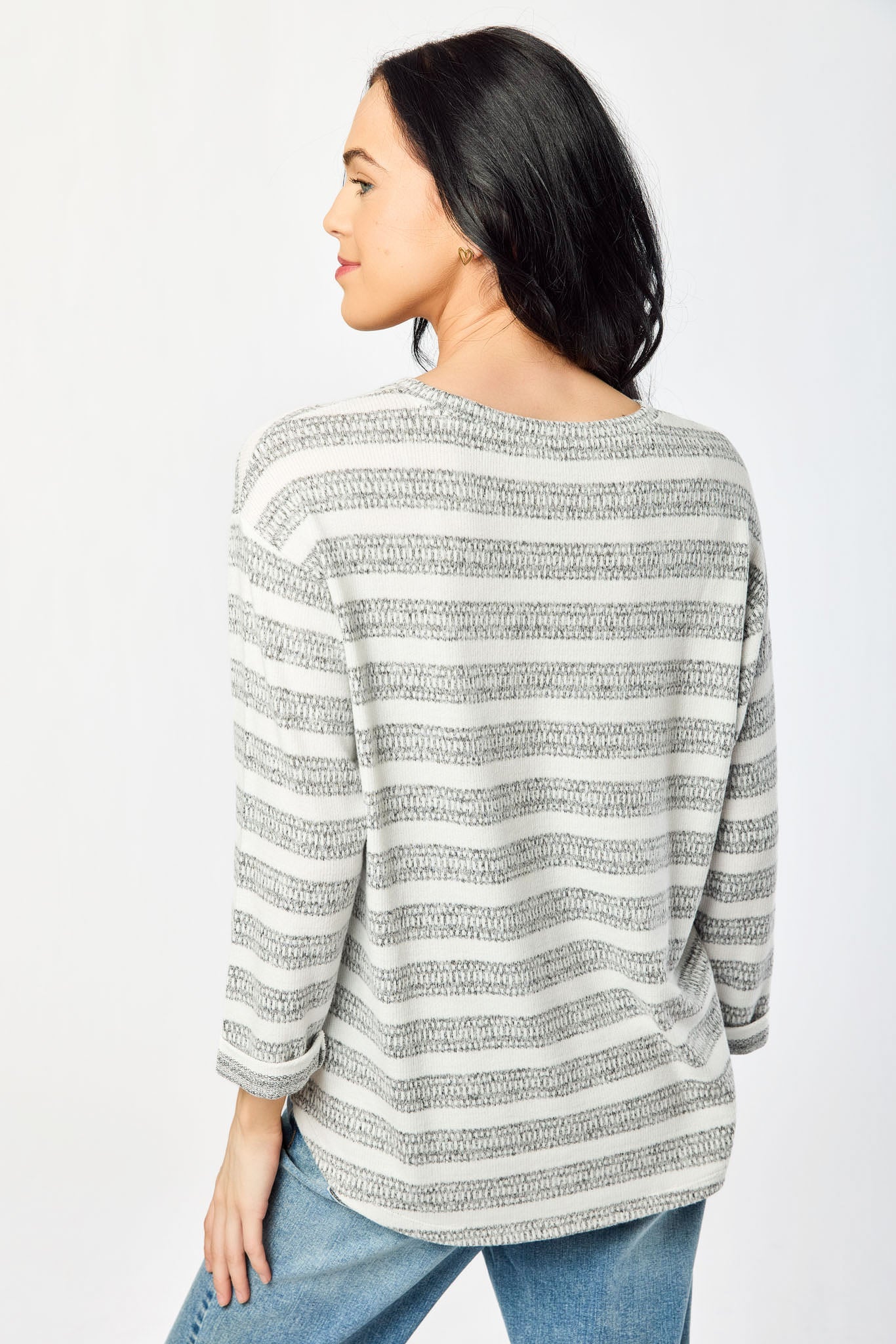 Stripe Crew-Neck 3/4 Sleeve Hacci Sweater with Side Slits
