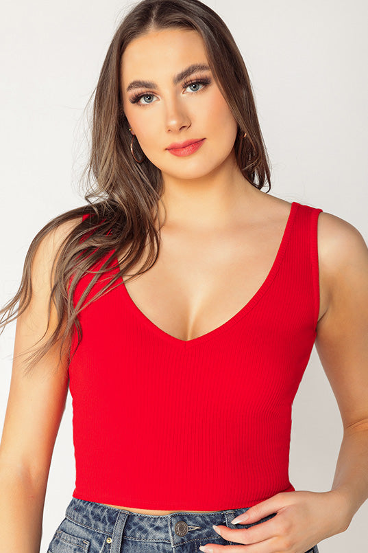 Camisole écourtée côtelée à double col en V