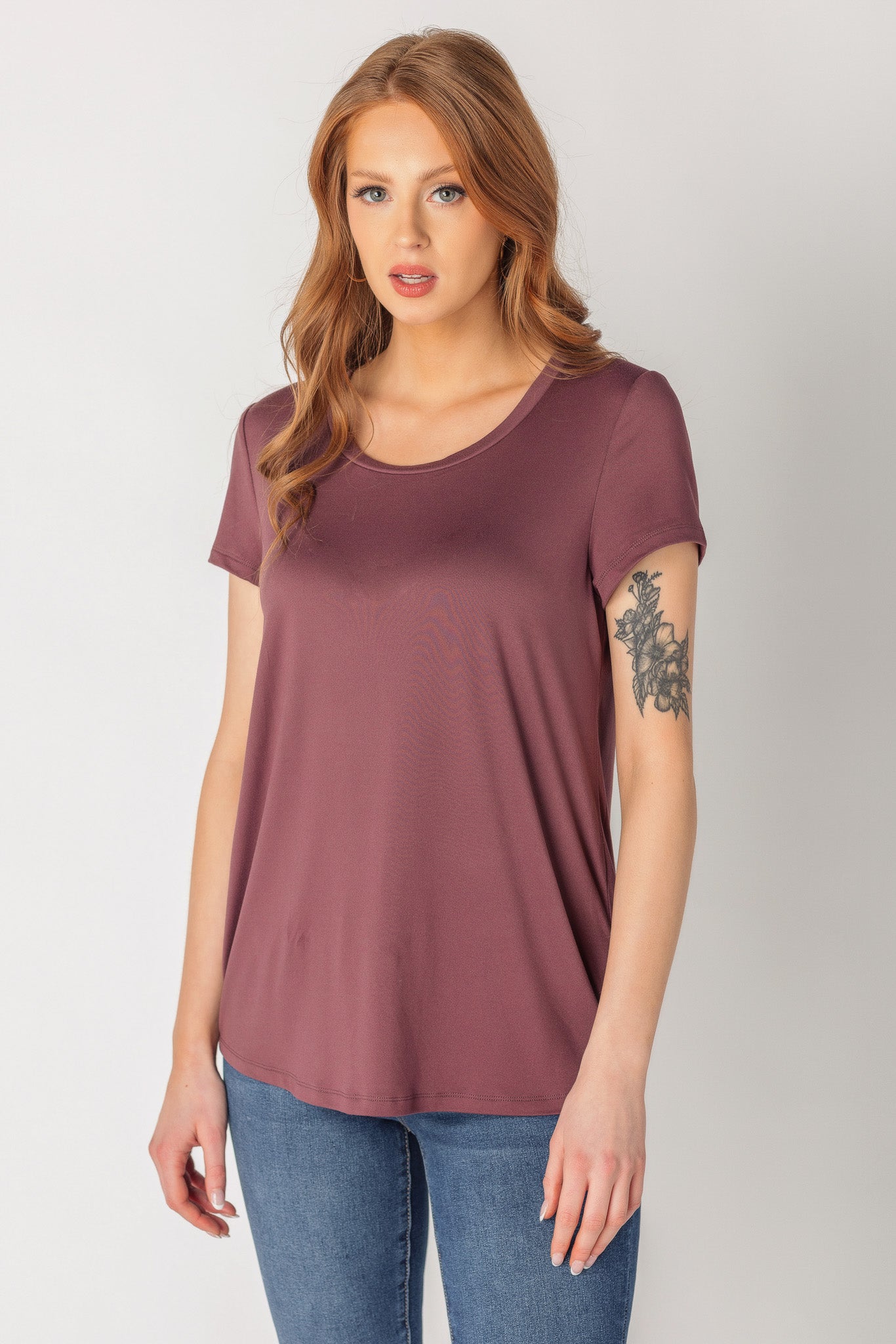 T-shirt brossé col dégagé à mancherons