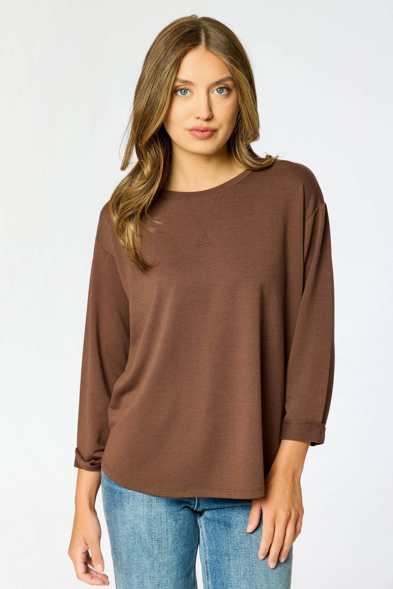 French Terry Crew-Neck 3/4 Sleeve Sweatshirt with Side Slits