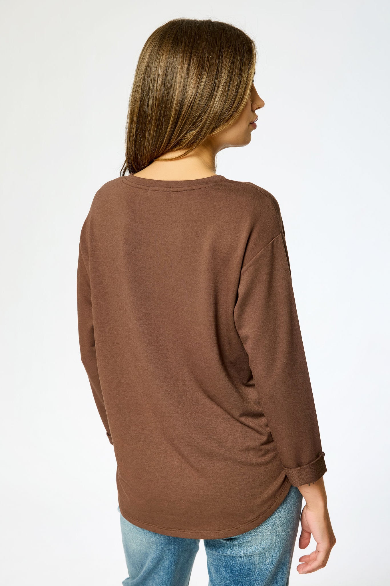 French Terry Crew-Neck 3/4 Sleeve Sweatshirt with Side Slits