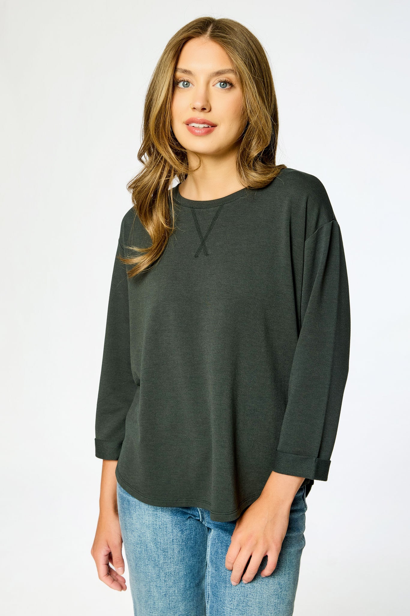 French Terry Crew-Neck 3/4 Sleeve Sweatshirt with Side Slits