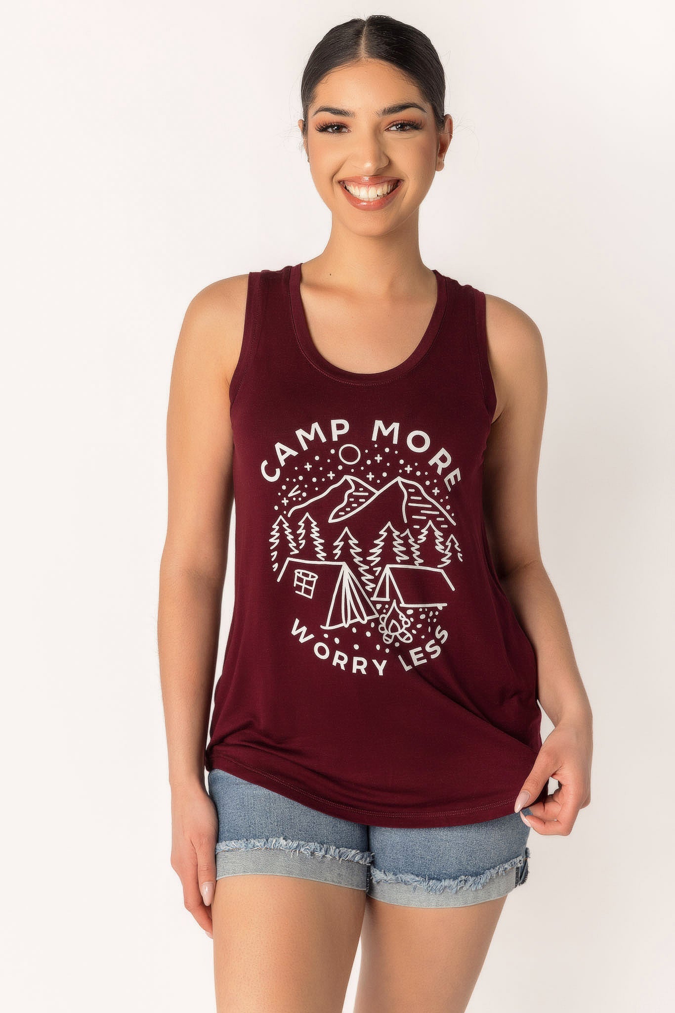 &quot;Camp More Worry Less&quot; Graphic Tank