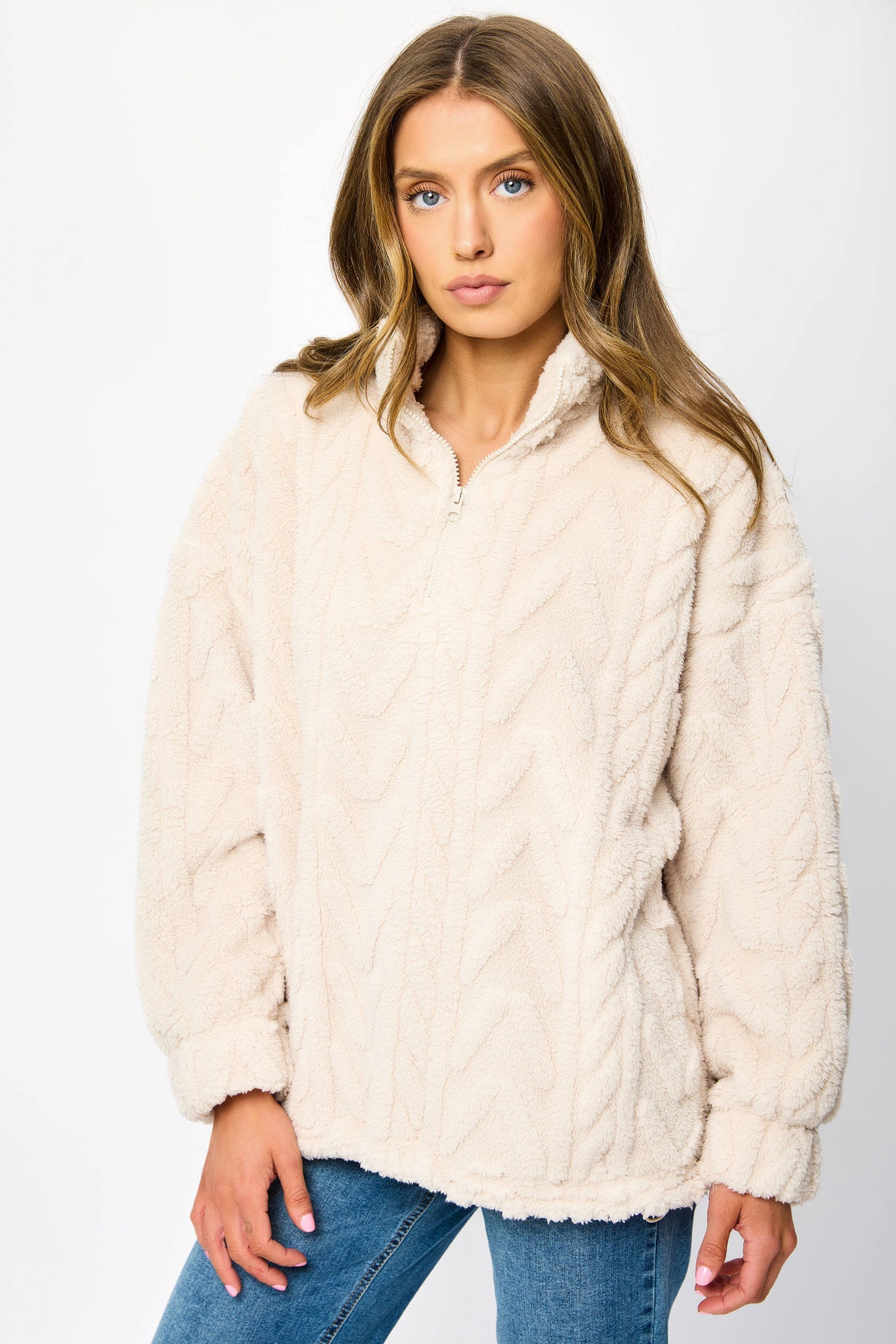 Chandail demi-zip en maille câble avec sherpa