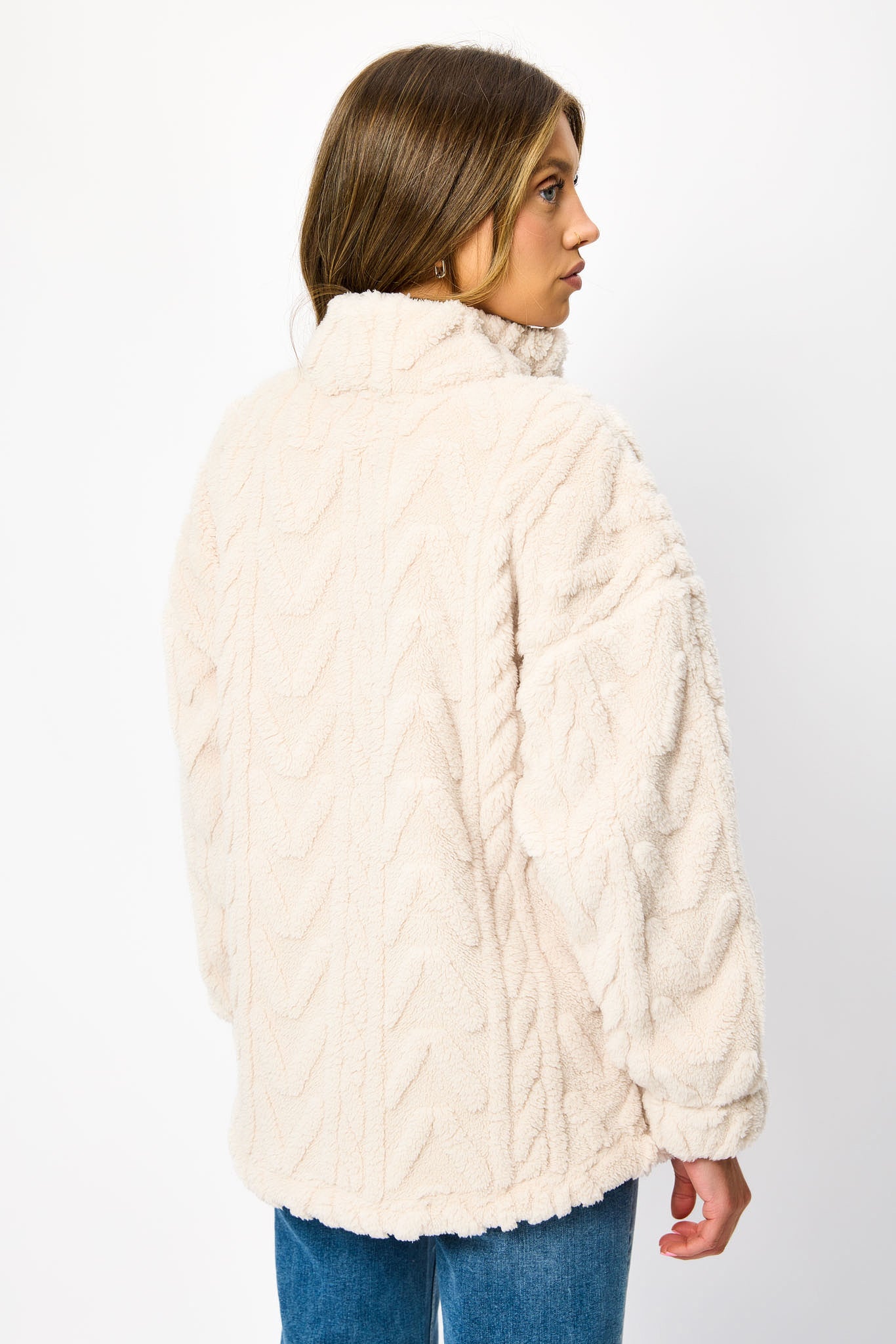 Chandail demi-zip en maille câble avec sherpa