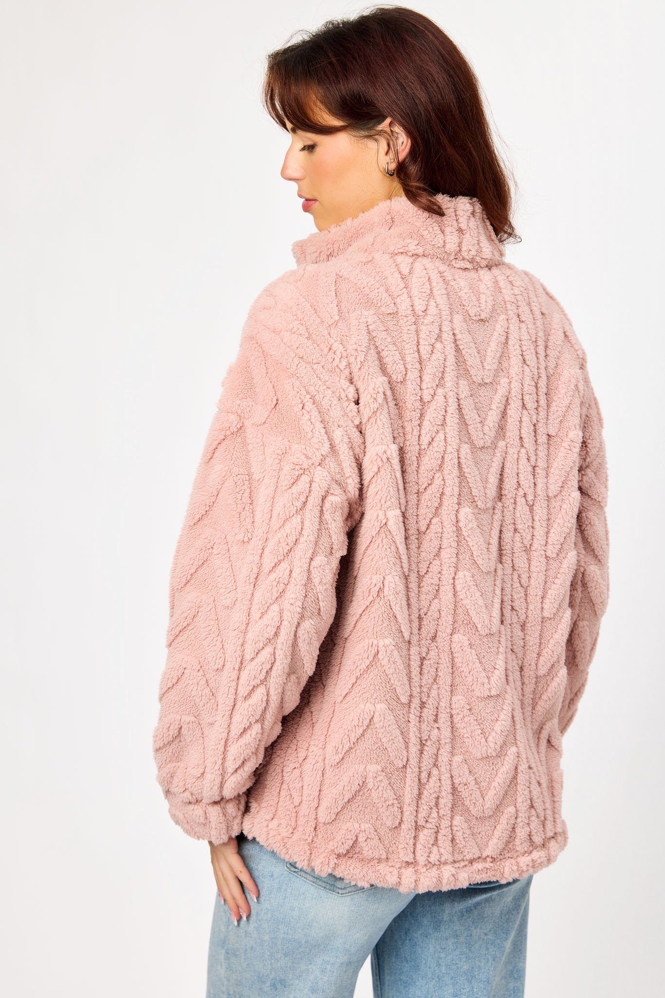 Chandail demi-zip en maille câble avec sherpa