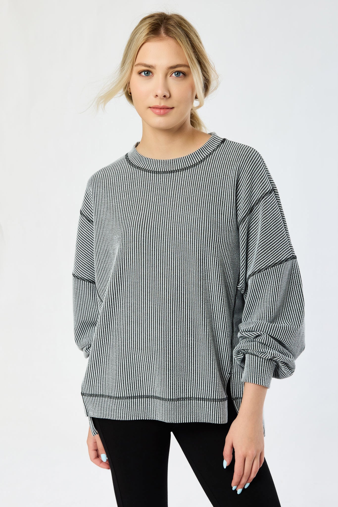 Oversized Cozy Rib Top with Contrast Stitching