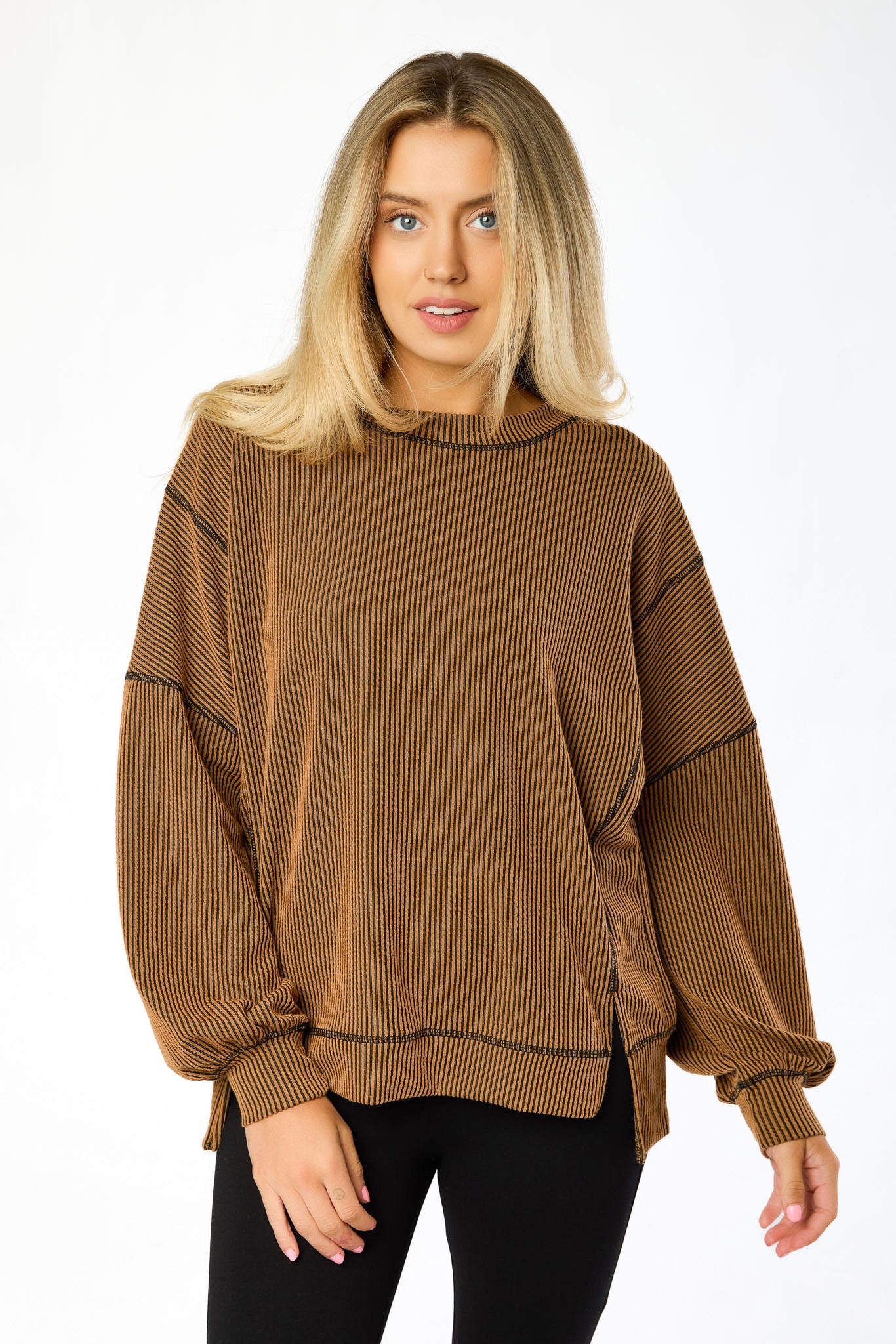 Oversized Cozy Rib Top with Contrast Stitching