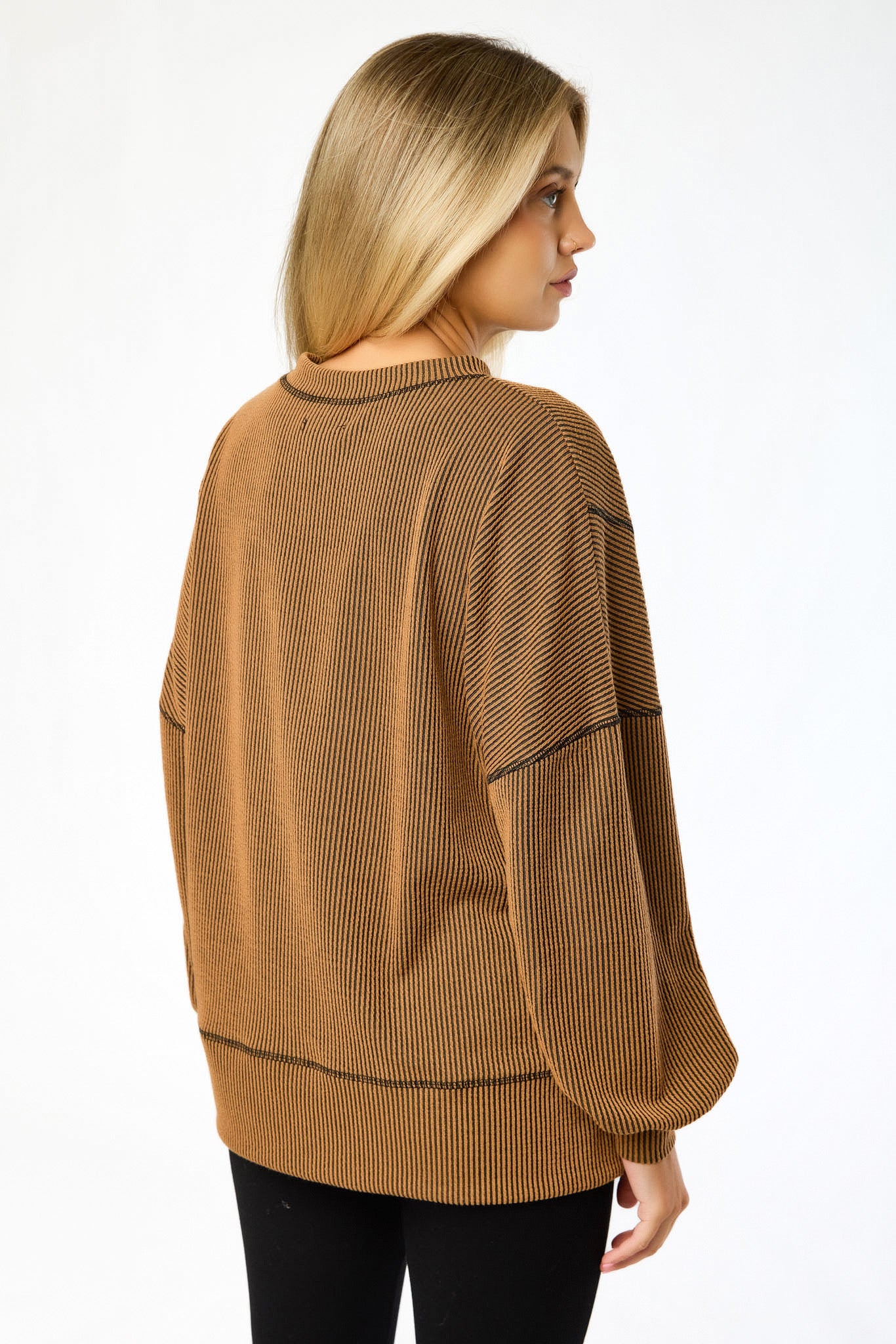 Oversized Cozy Rib Top with Contrast Stitching