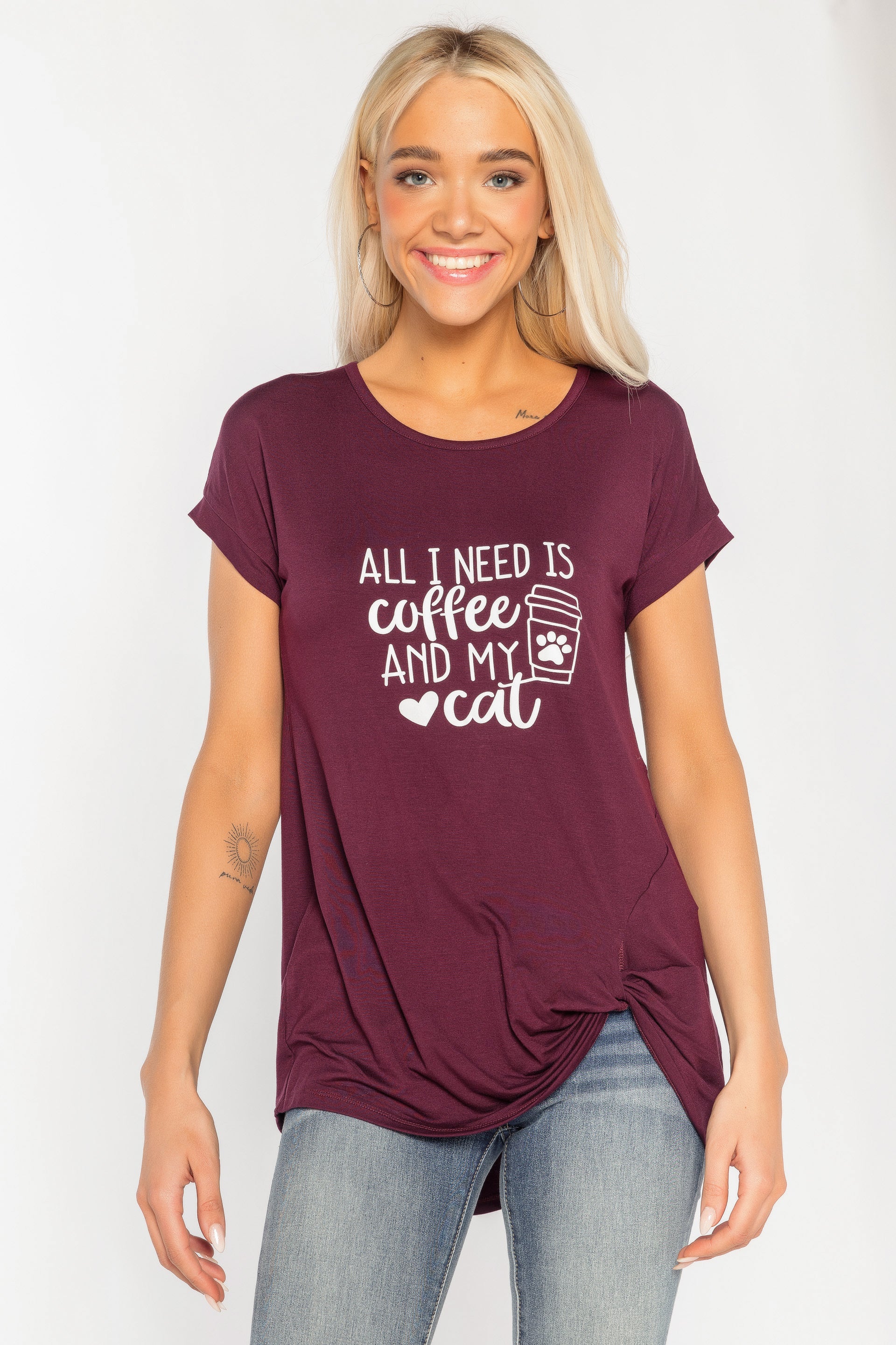 "All I Need is Coffee and My Cat" Cap Sleeve Knotted Hem Top
