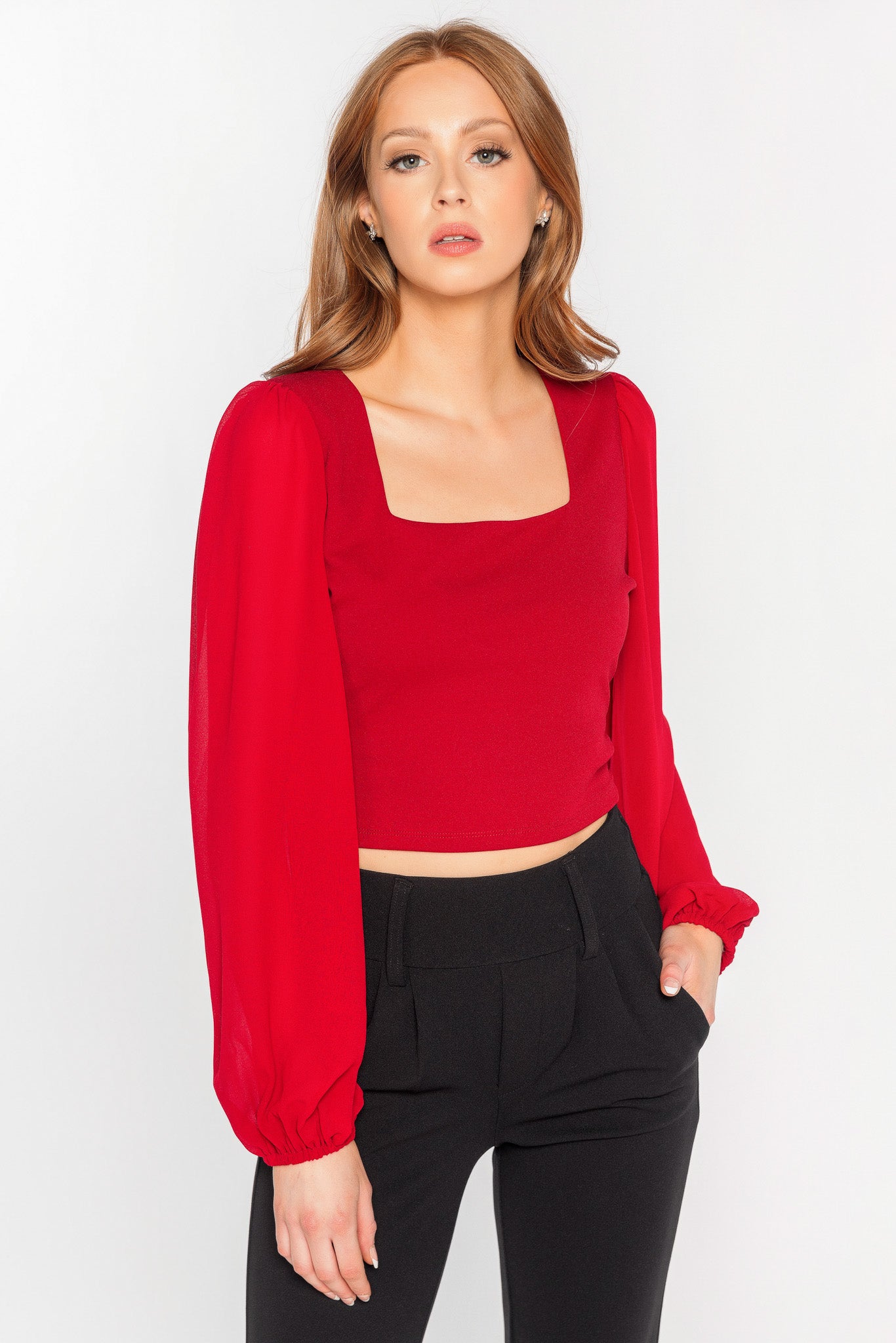 Scuba Crop Top with Chiffon Sleeves