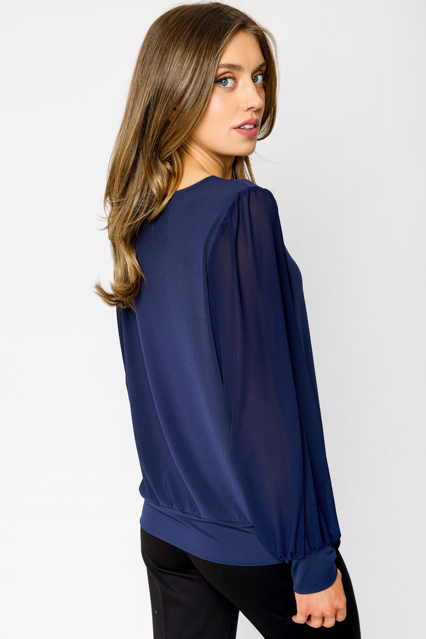 Banded Chiffon Balloon Sleeve Top