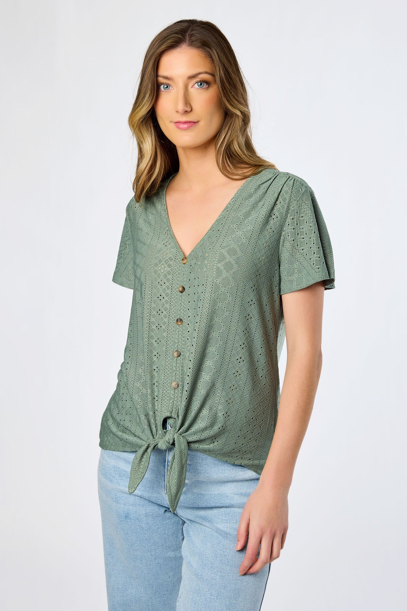 Eyelet-Knit Short-Sleeve Tie-Front Top – Eclipse