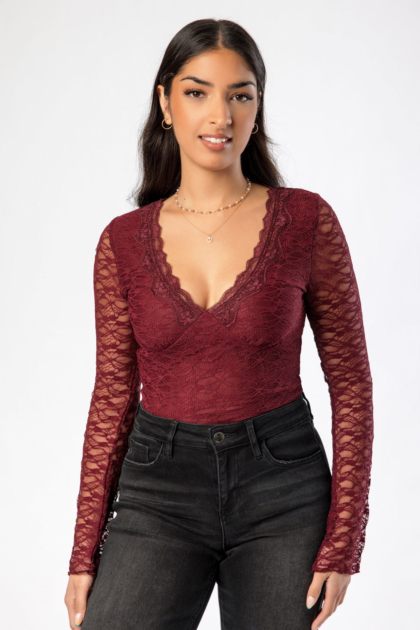 Lace V-Neck Long Sleeve Top