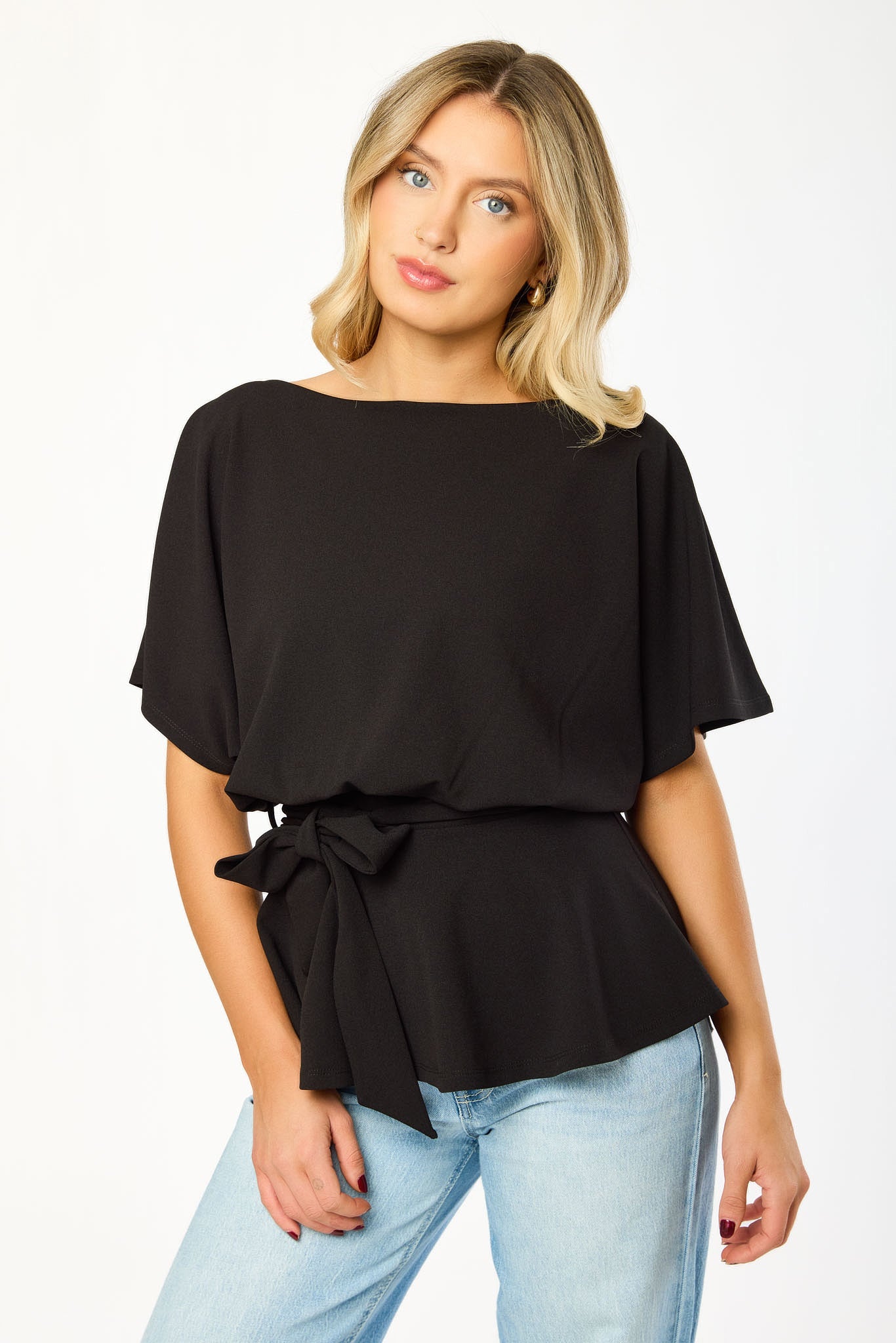 Stretch Crepe Batwing Peplum Top with Tie-Belt