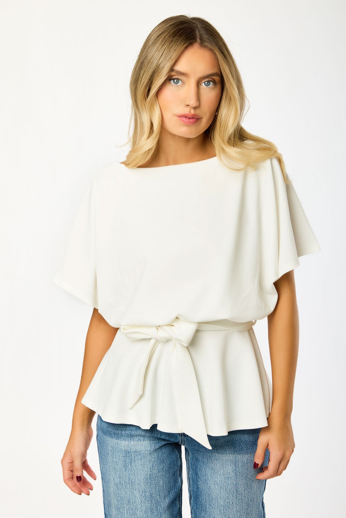 Stretch Crepe Batwing Peplum Top with Tie-Belt