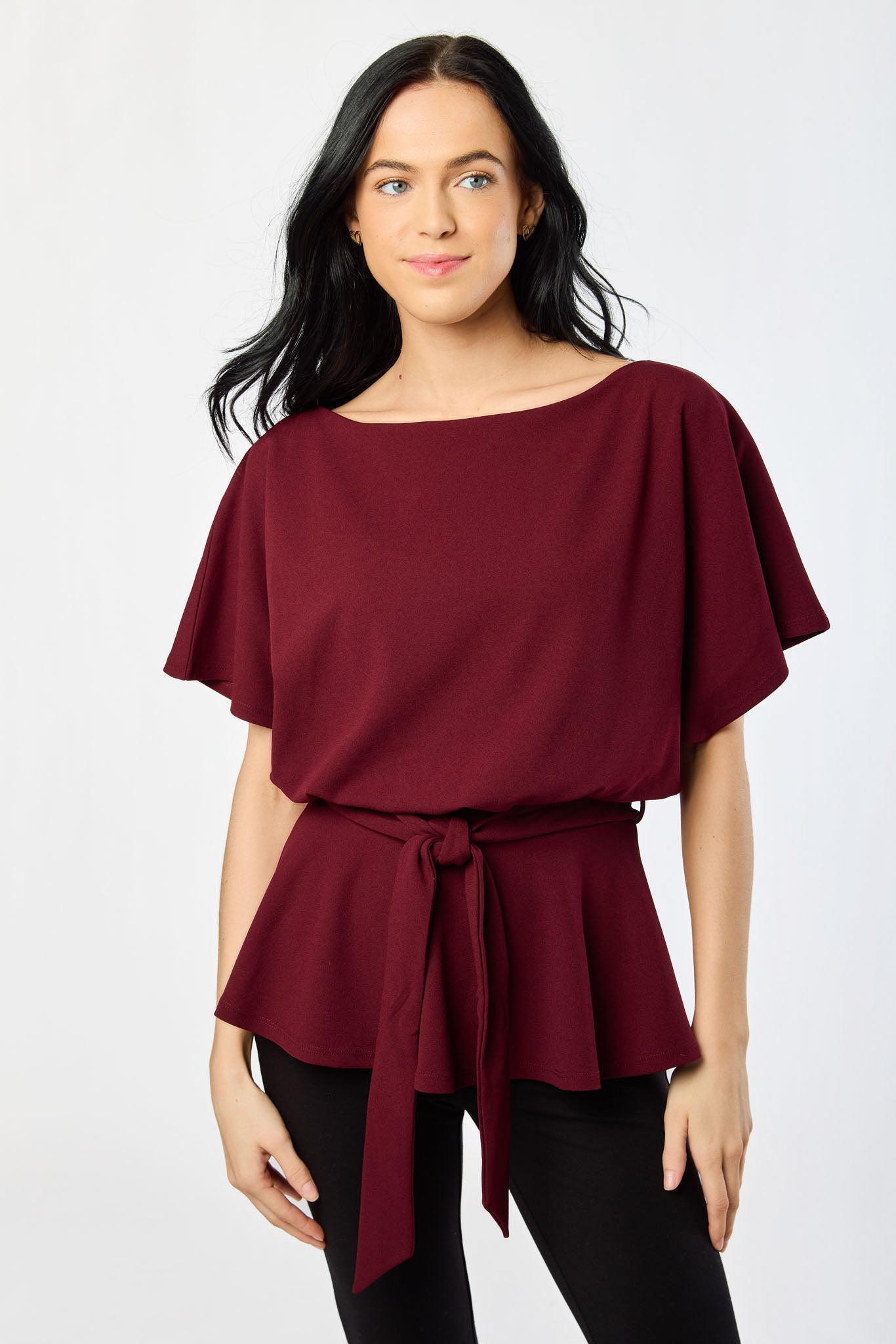 Stretch Crepe Batwing Peplum Top with Tie-Belt